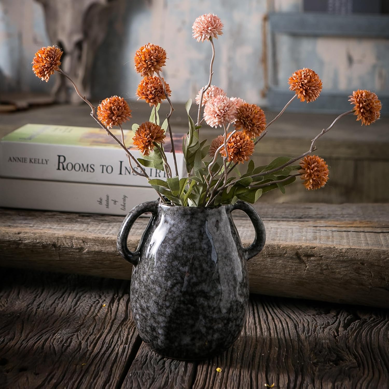 Black Ceramic Vase with 2 Handles 7 Inch Tall
