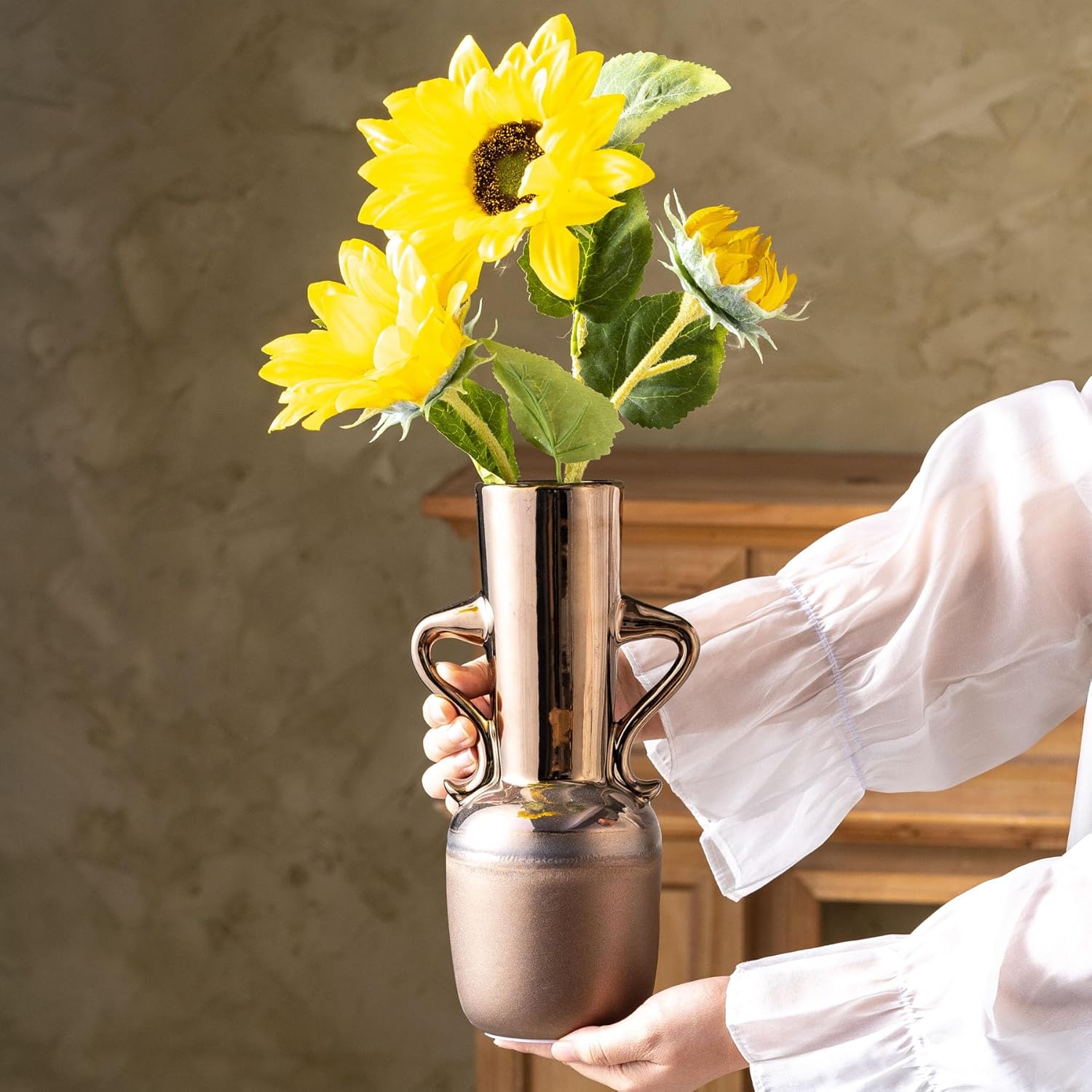 Gold Ceramic Vase with Handles 11 Inch