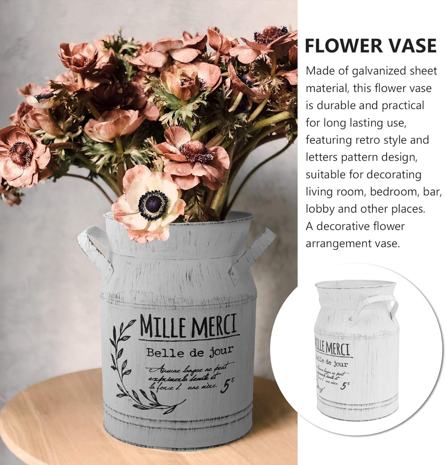 Angoily Retro Galvanized Flower Vase French Style Decorative Bucket for Home Office