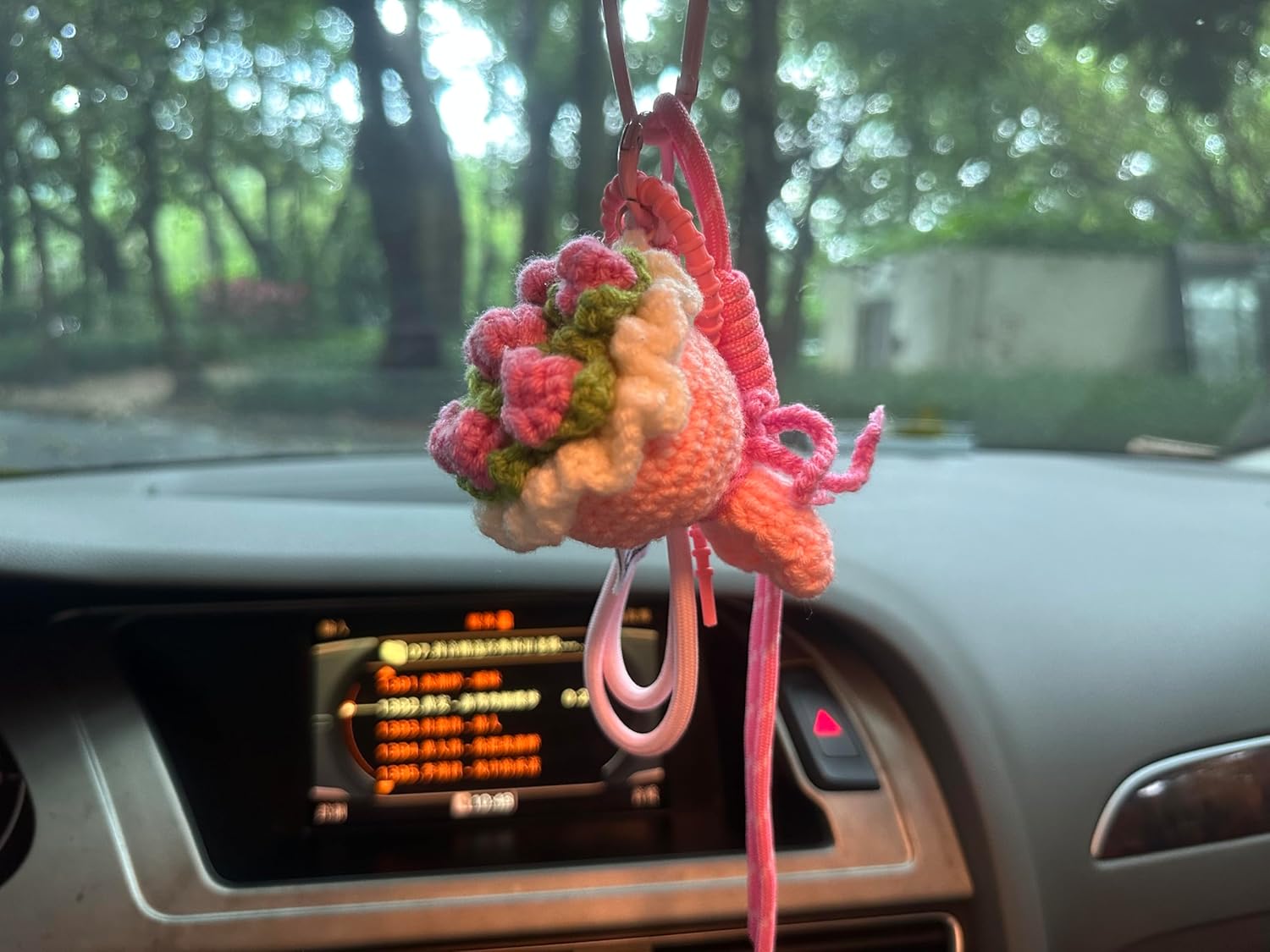 Cute Pink Crochet Bouquet Hanging Ornament for Car Mirror