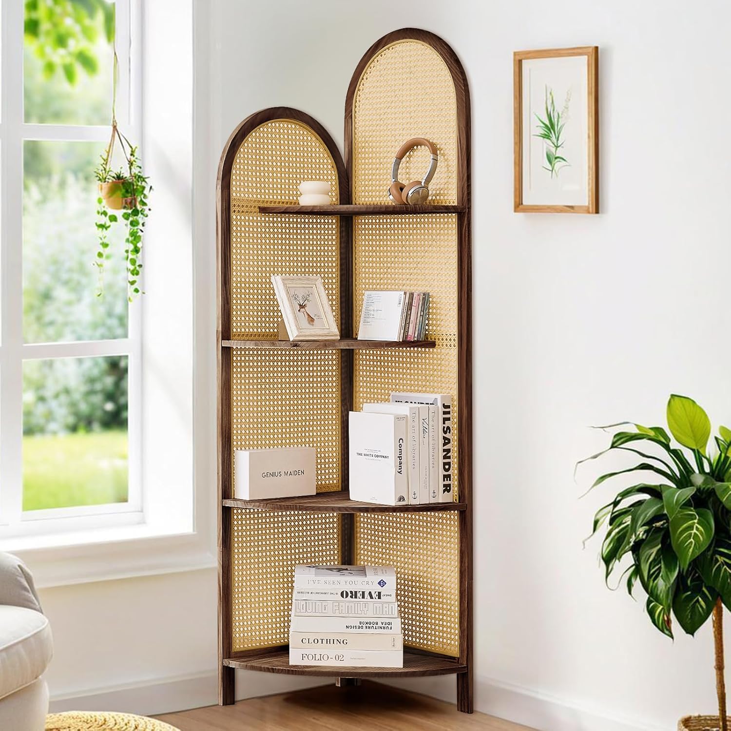 4 Tier Corner Shelf Dark Brown Rattan Bookshelf with Legs