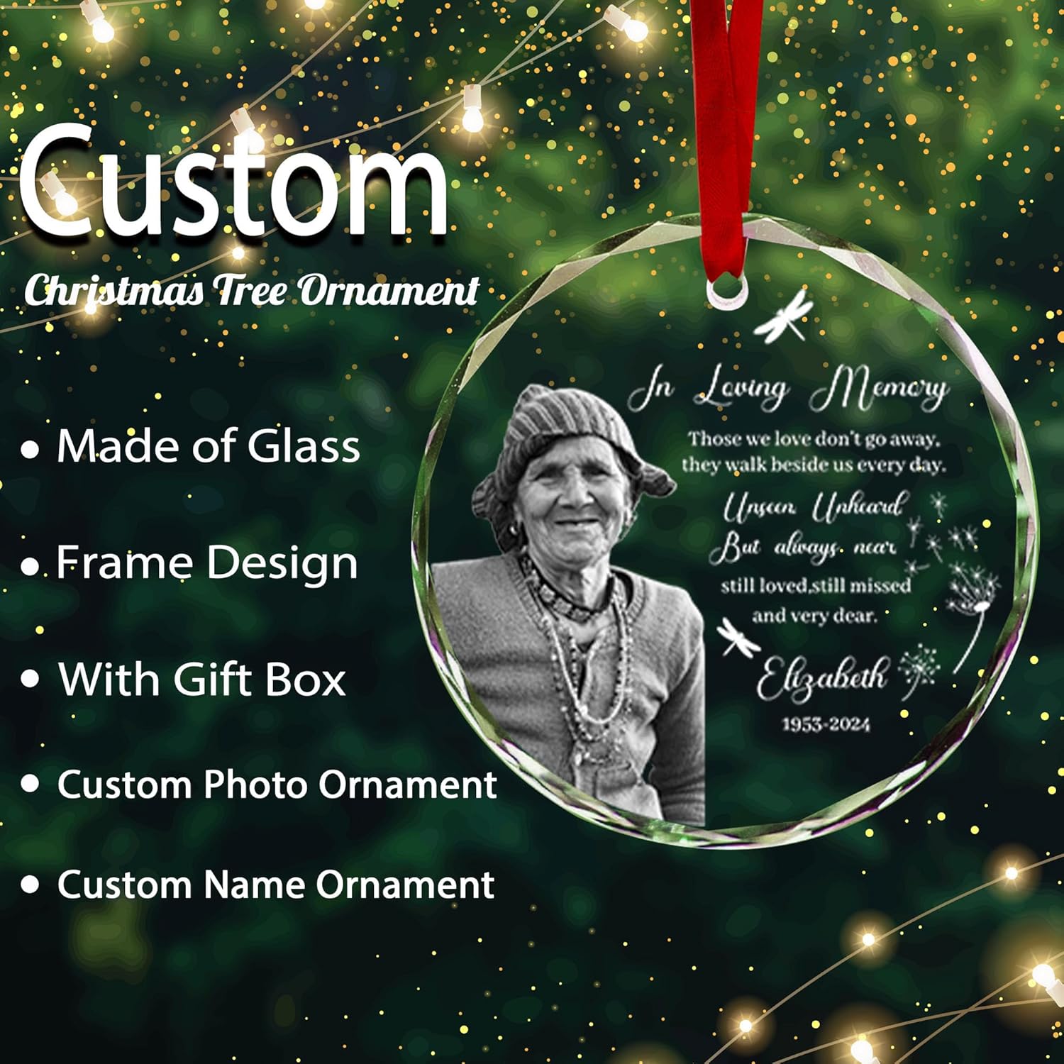 Personalized Photo Memorial Crystal Glass Christmas Ornament