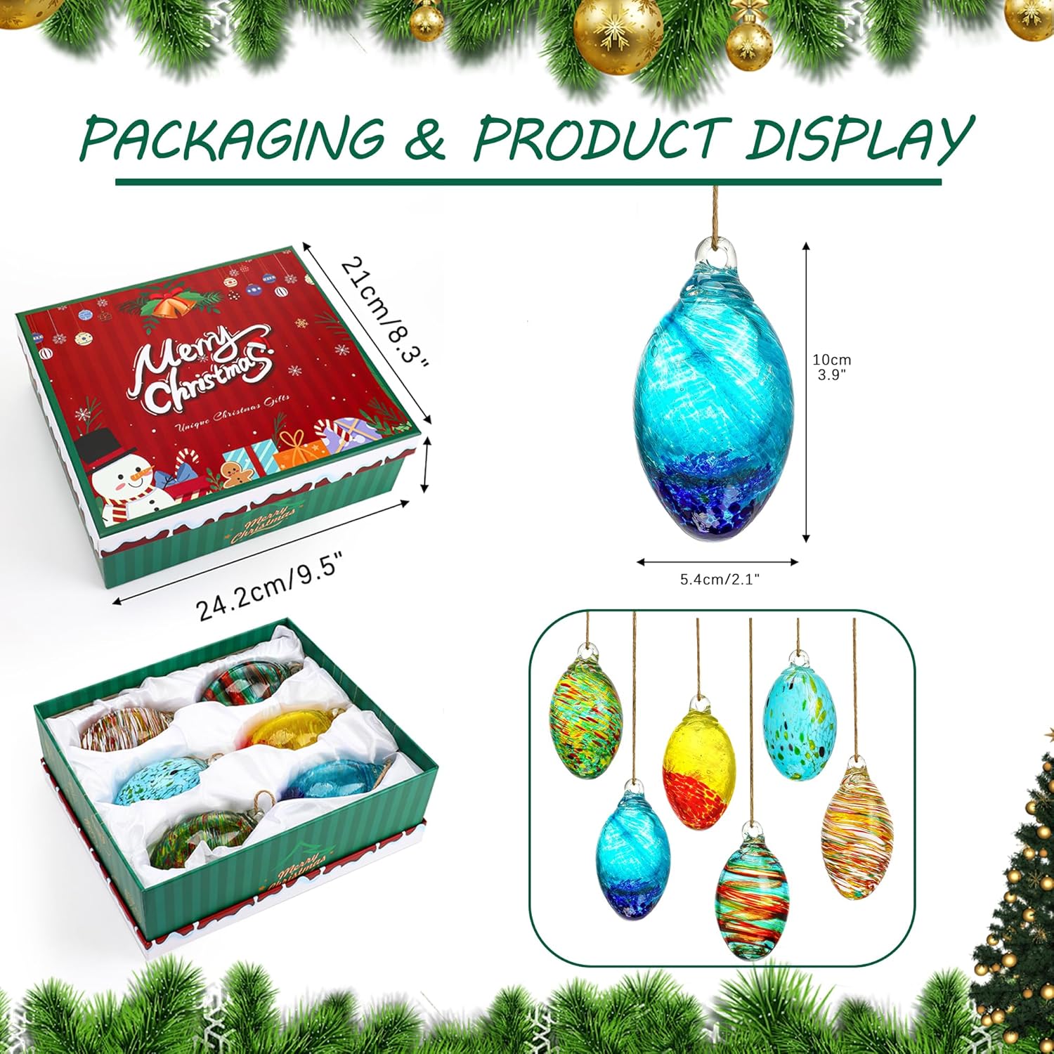 Set of 6 Hand Blown Glass Egg Ornaments for Home and Christmas Decor