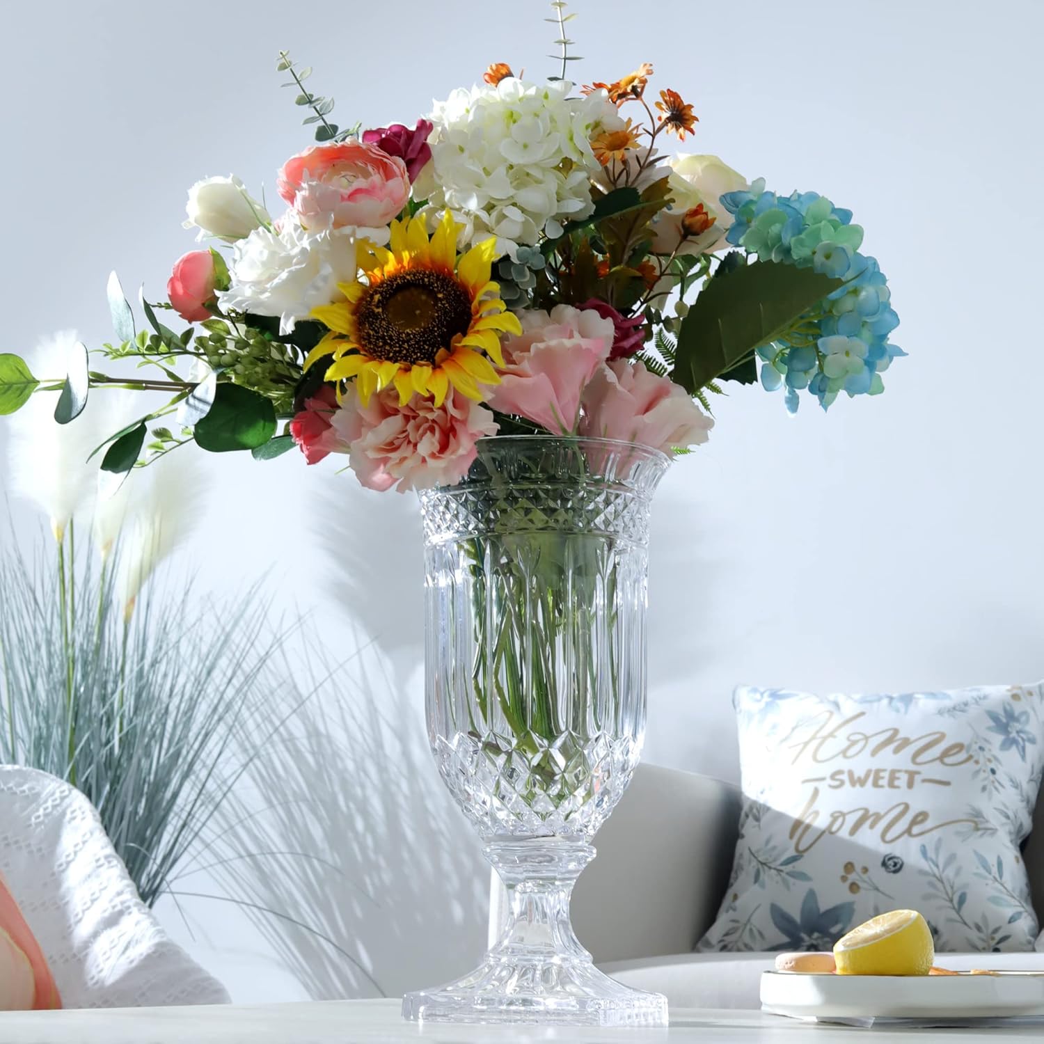 Joeyan 13 Inch Tall Glass Urn Vase with Ripple Diamond Pattern