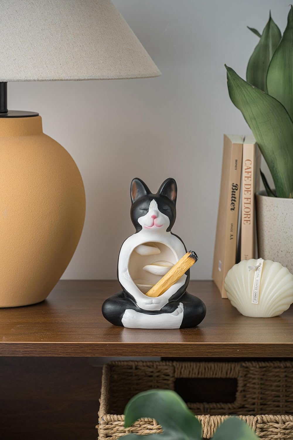 Hand-Painted Ceramic Incense Holder with Cat Design