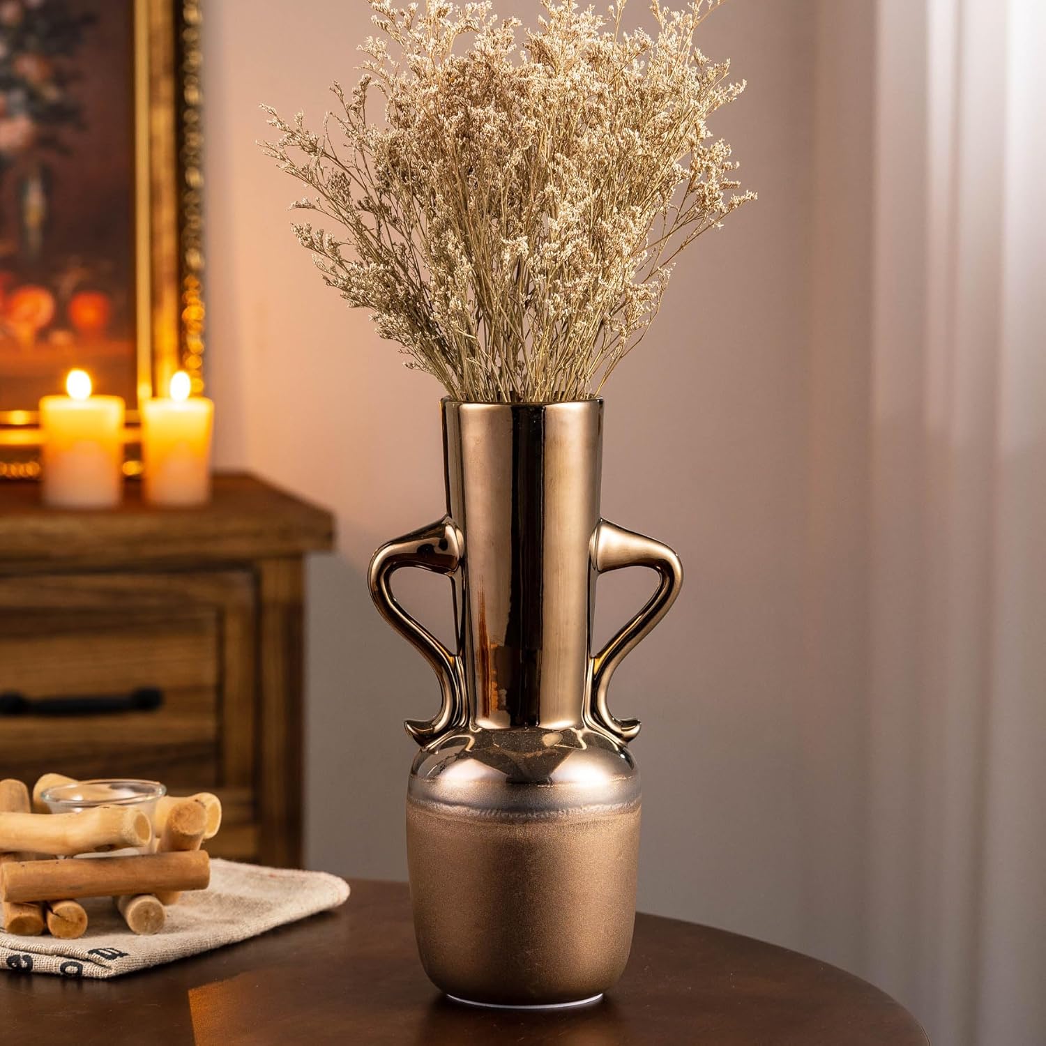 Gold Ceramic Vase with Handles 11 Inch