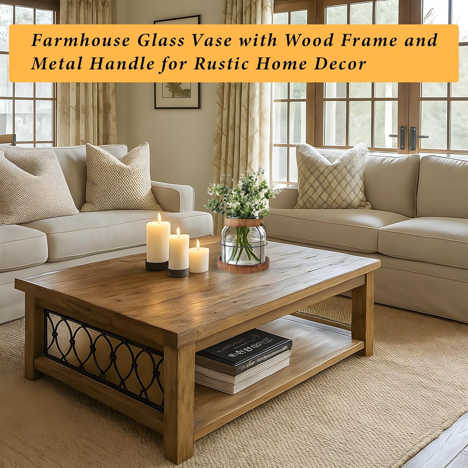 Vintage Glass Vase with Wood Frame and Metal Handle