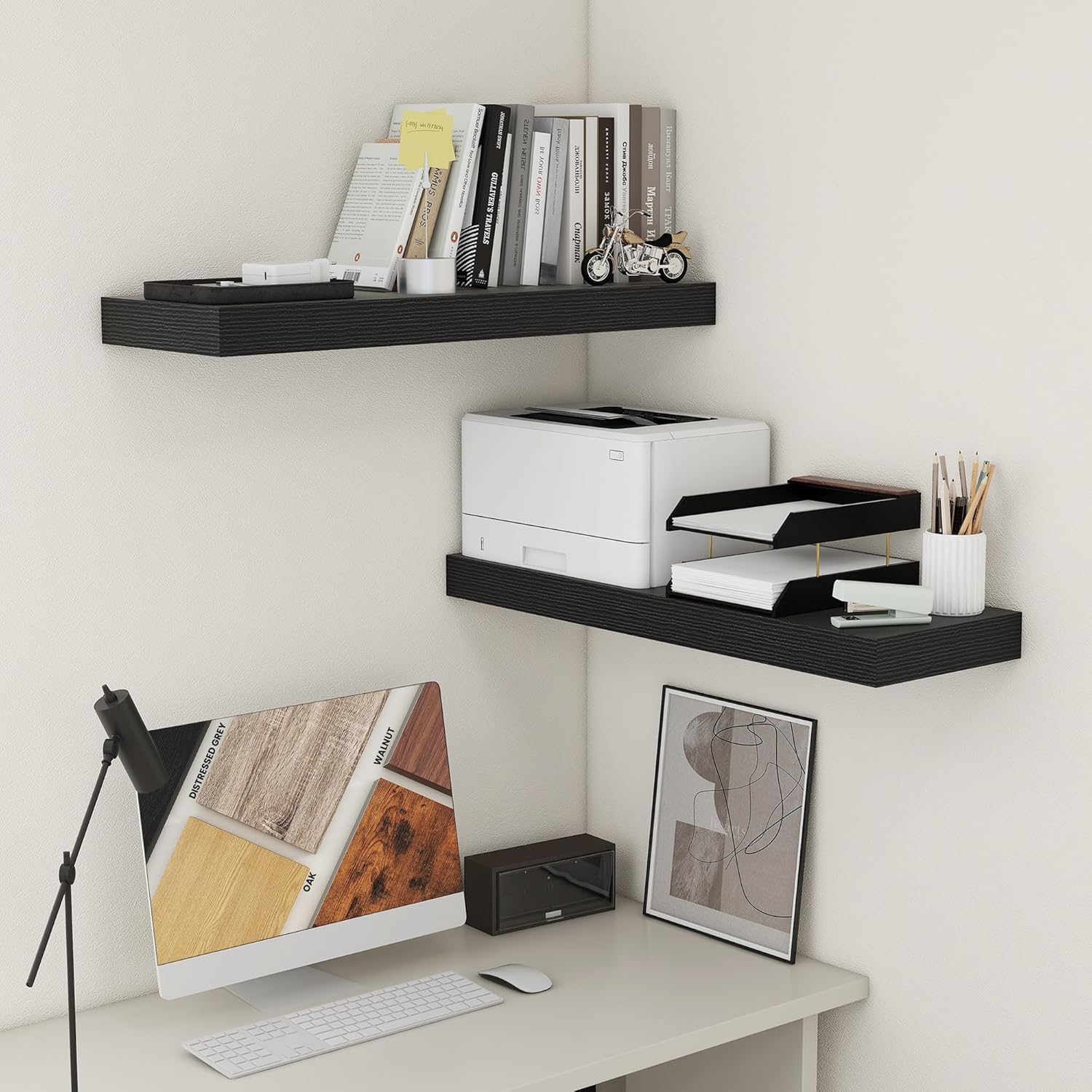 Deep Floating Shelves Set of 2 36 Inch Distressed Black Wood Shelves for Home Office and Living Room