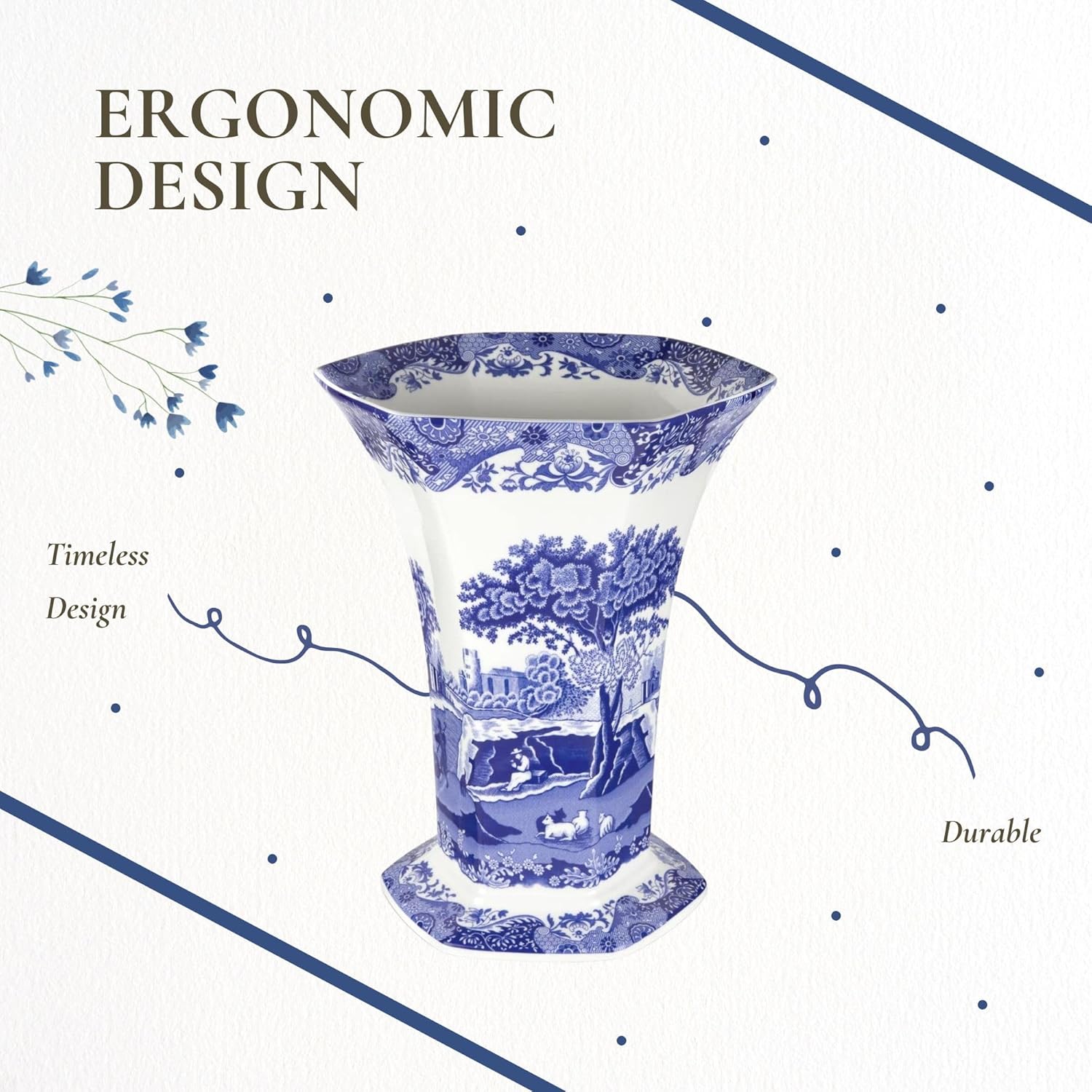 Spode Blue Italian Hexagonal Vase 105 Inch Porcelain Decorative Accent