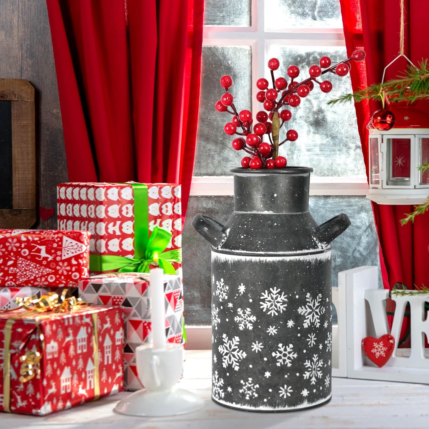 Galvanized Gray Metal Vase with Snowflake Design