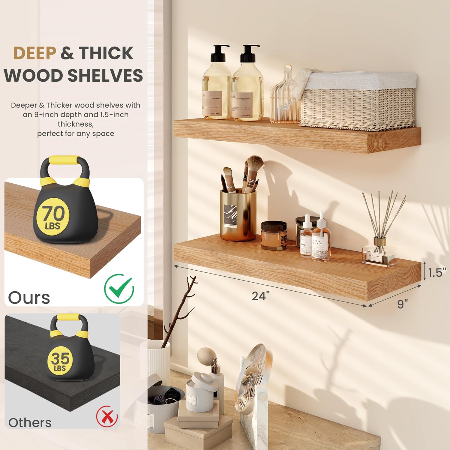RICHFOCUS 24 Inch Solid Oak Floating Shelf for Wall