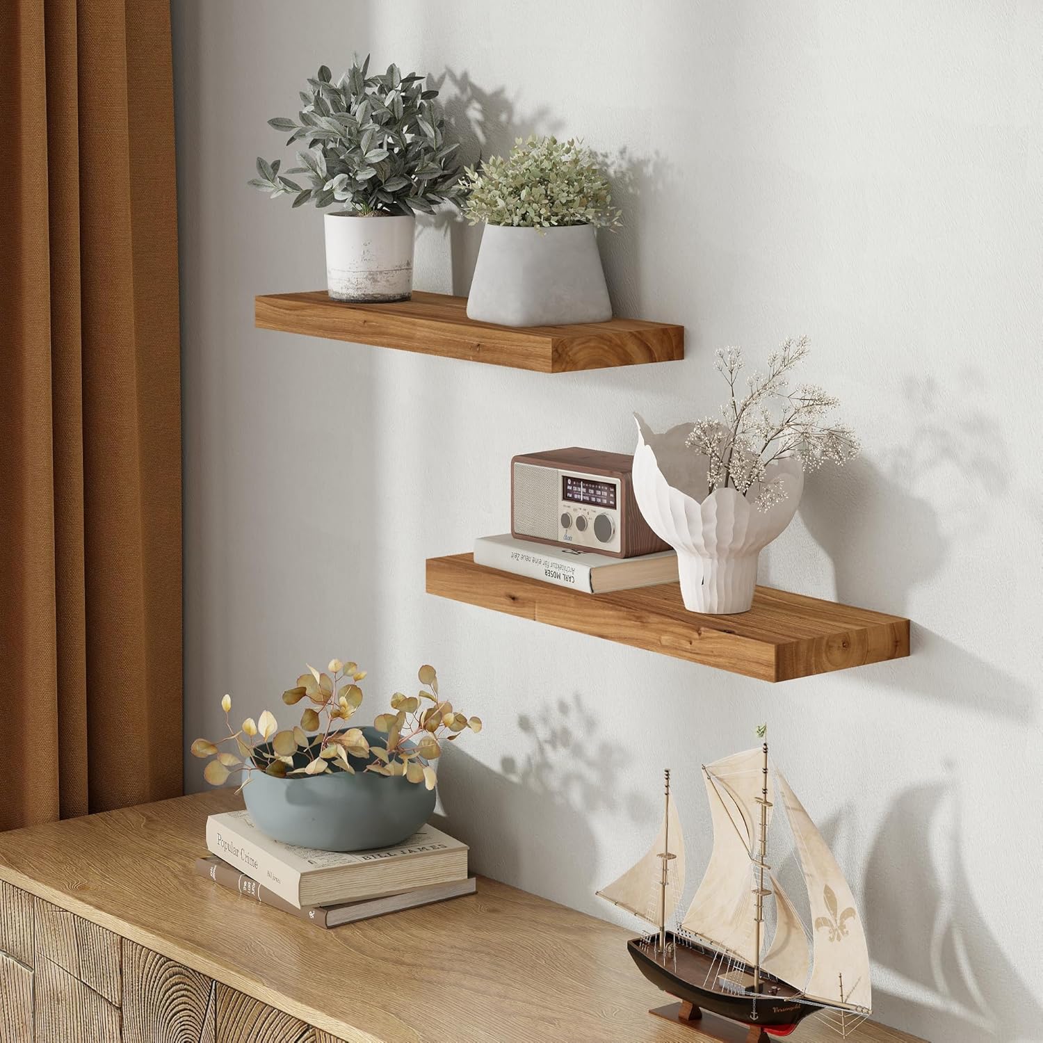 Fun Memories Wood Floating Shelves Wall Mounted Set of 2