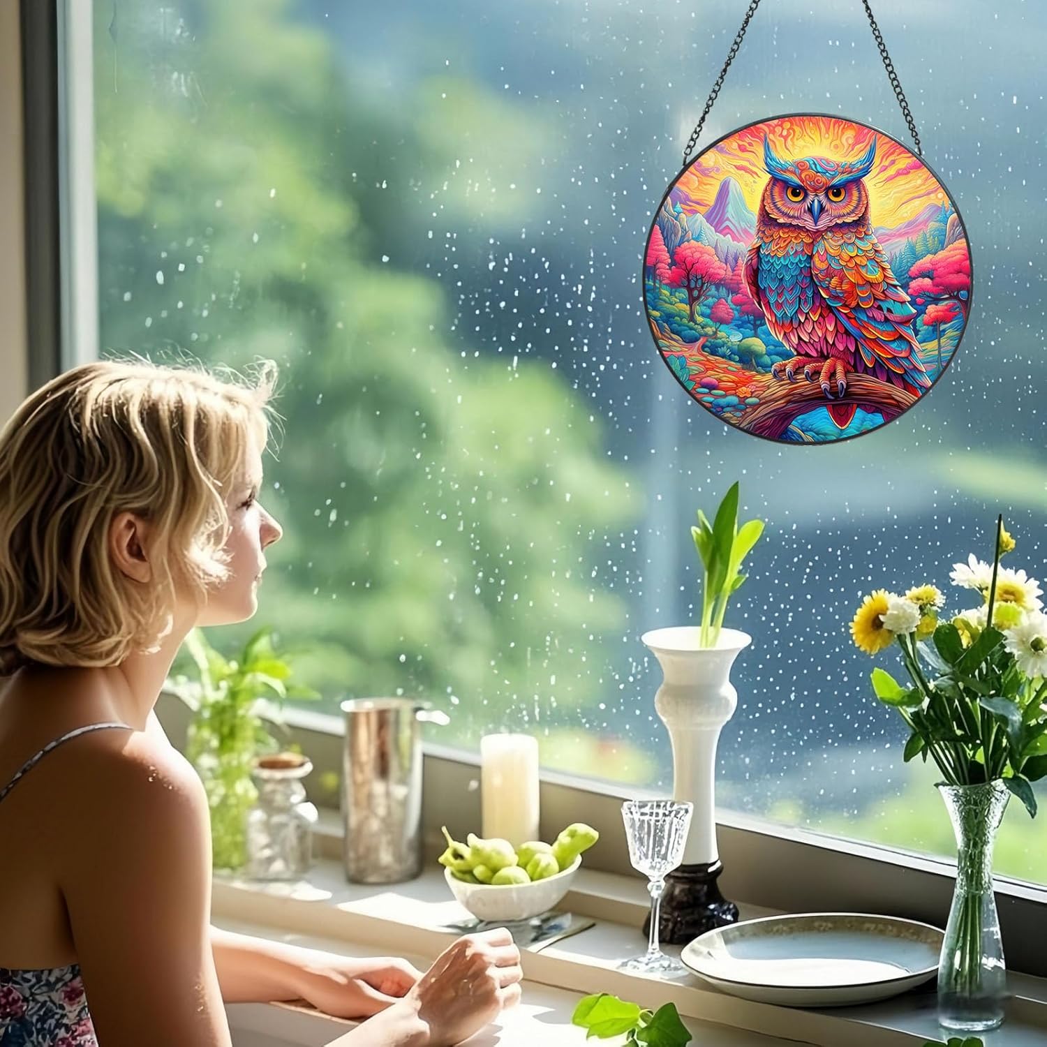 Stained Glass Window Hanging Owl Suncatcher Decor