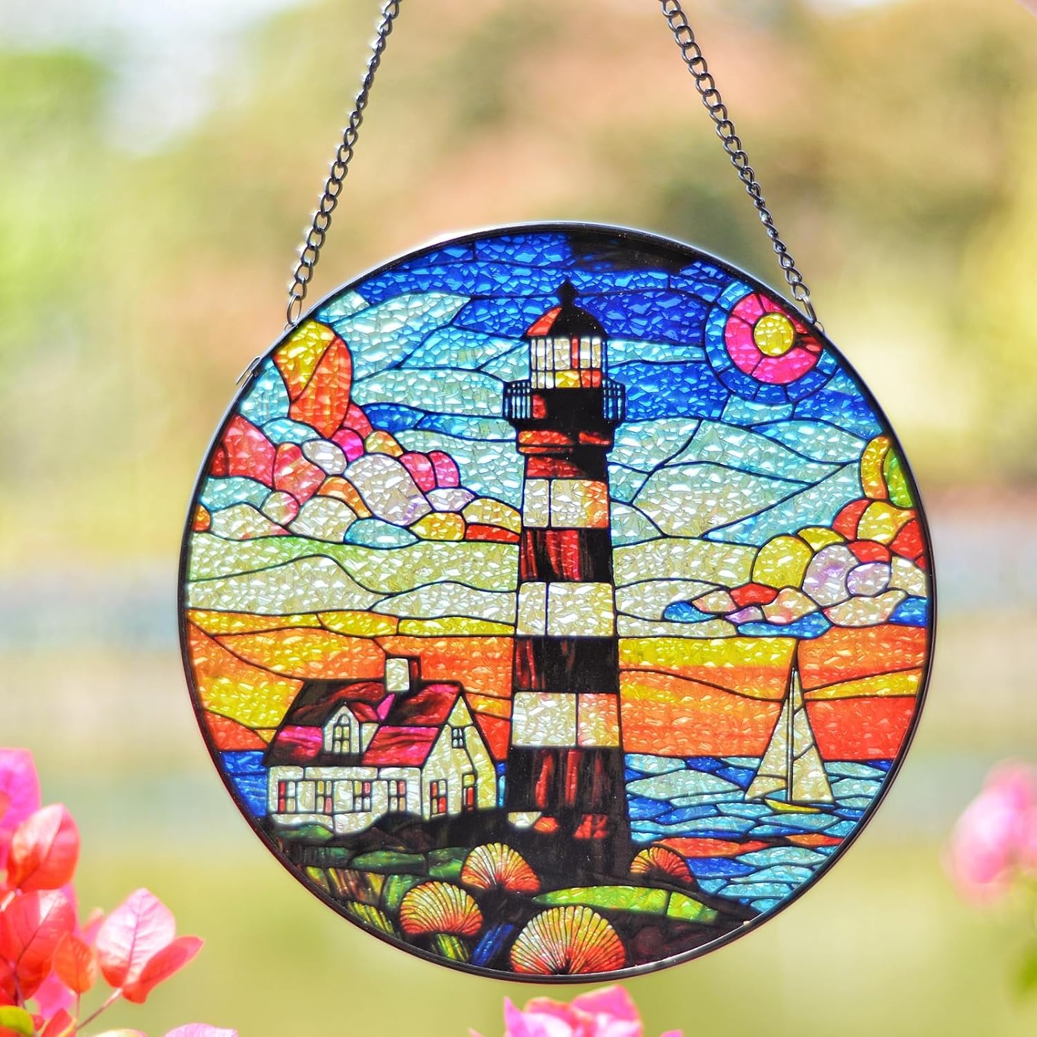 Stained Glass Window Hanging Ornament Lighthouse 8 Inch