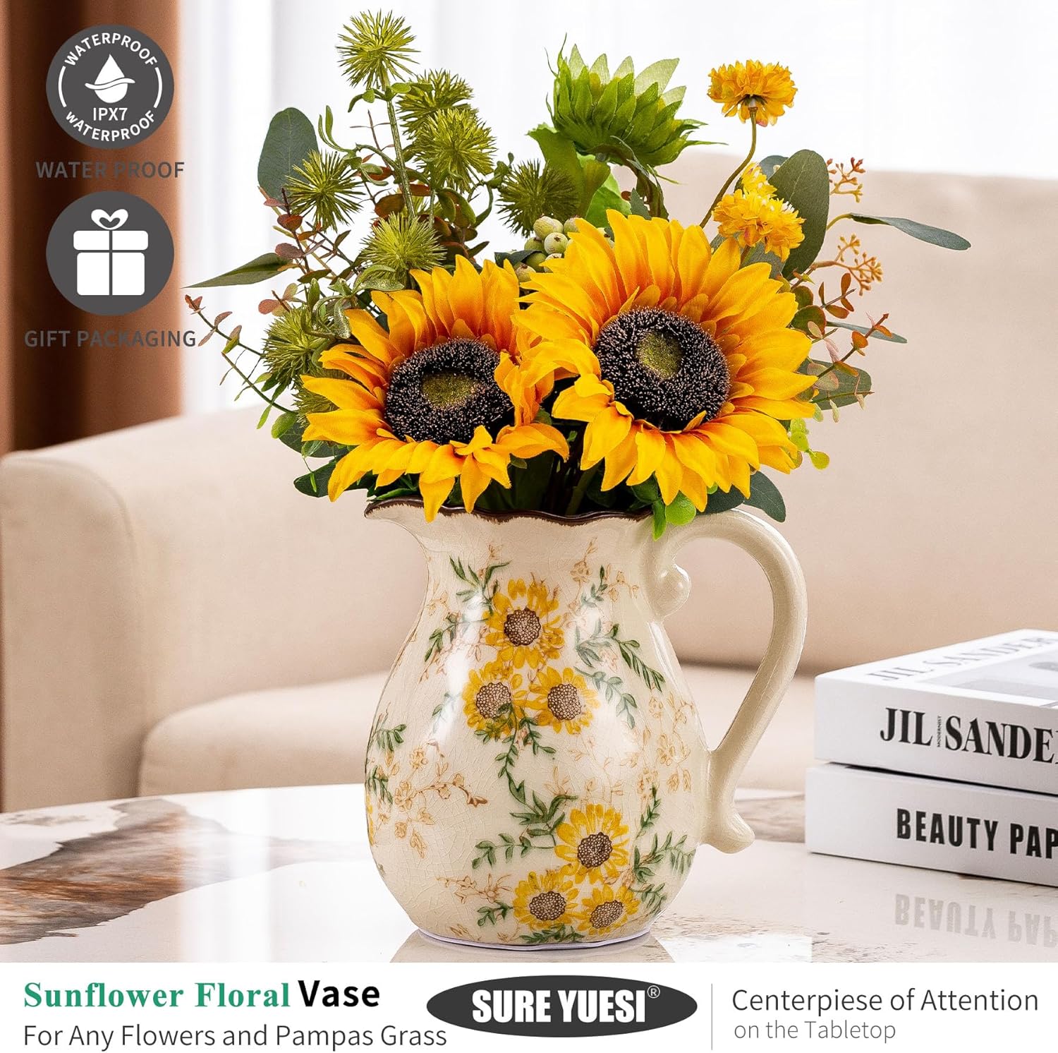 Sure Yuesi Sunflower Vintage Ceramic Vase with Handle