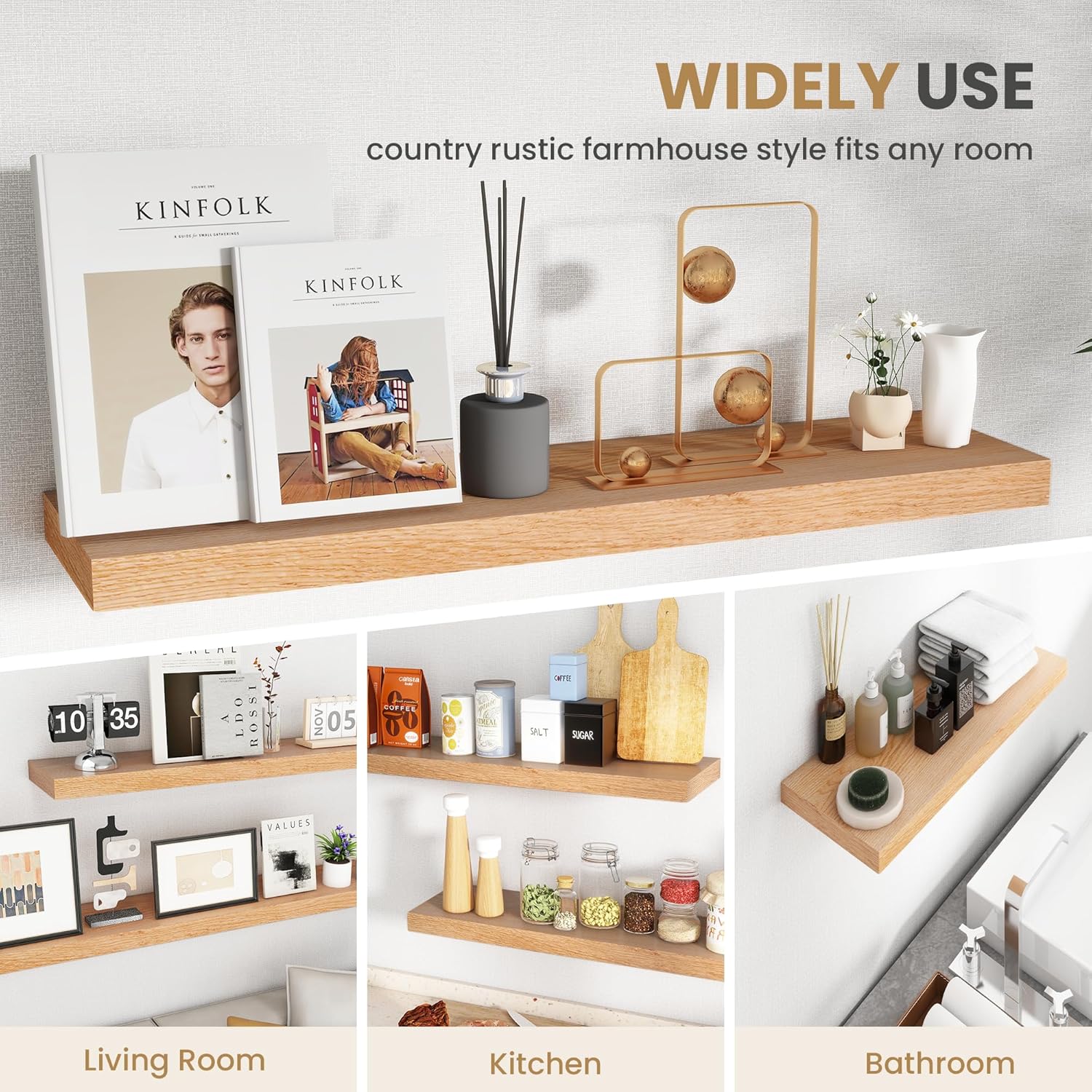 RICHFOCUS 24 Inch Solid Oak Floating Shelf for Wall