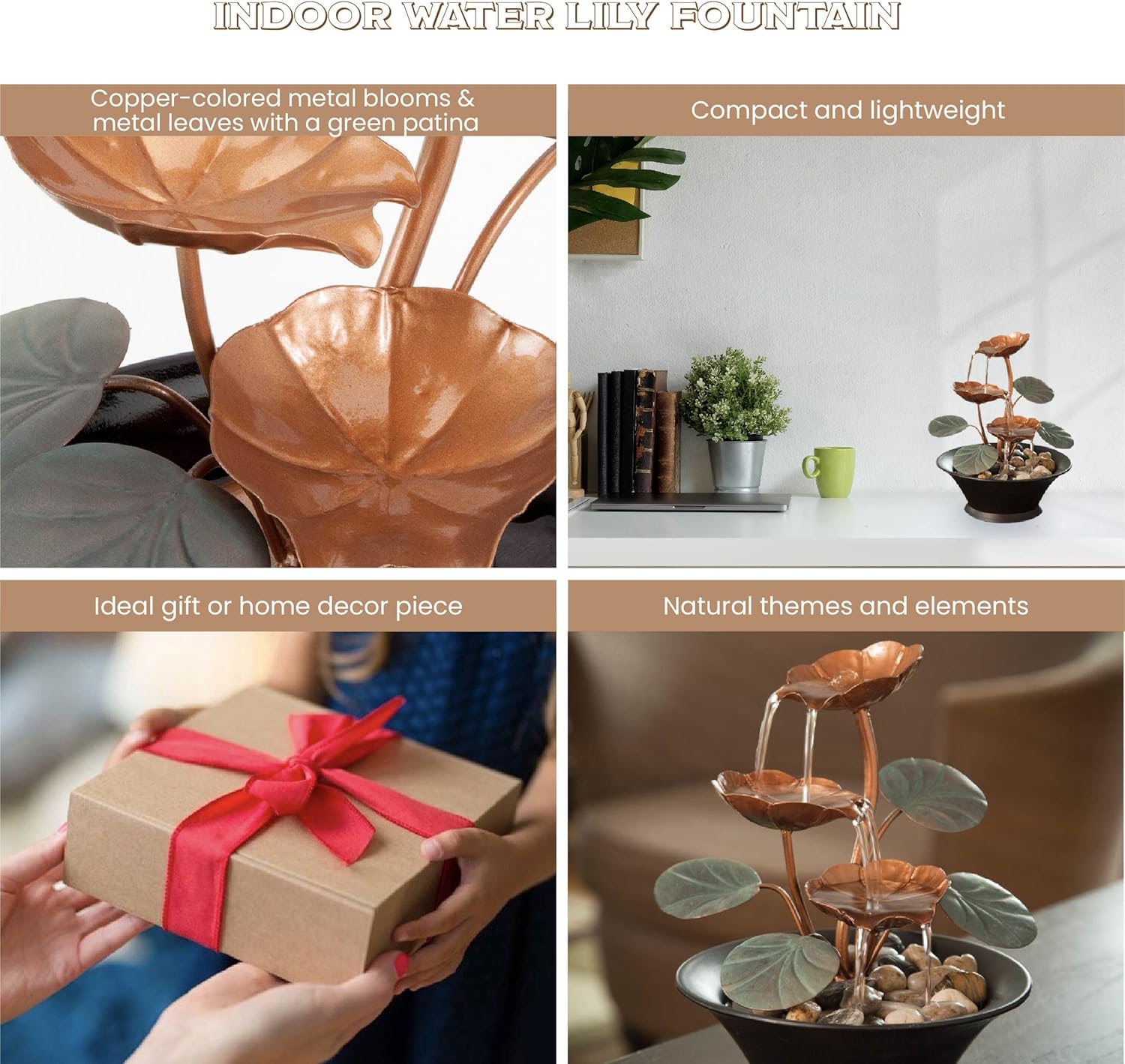 Bits and Pieces Indoor Water Lily Fountain - Compact Decor with Copper Blooms