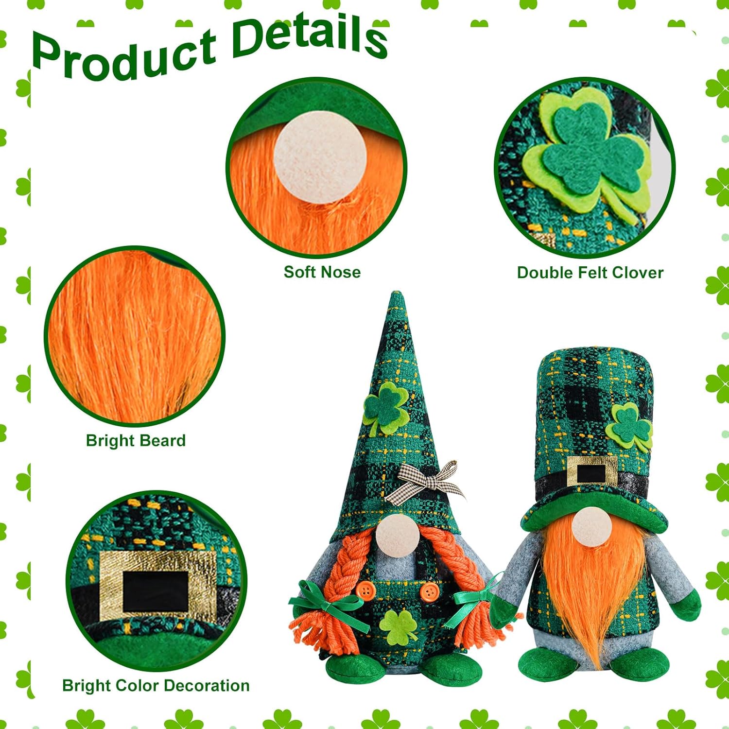 2 Pcs St Patricks Day Gnome Decor Set Green Hats with Shamrocks Irish Home Office Hanging Ornament