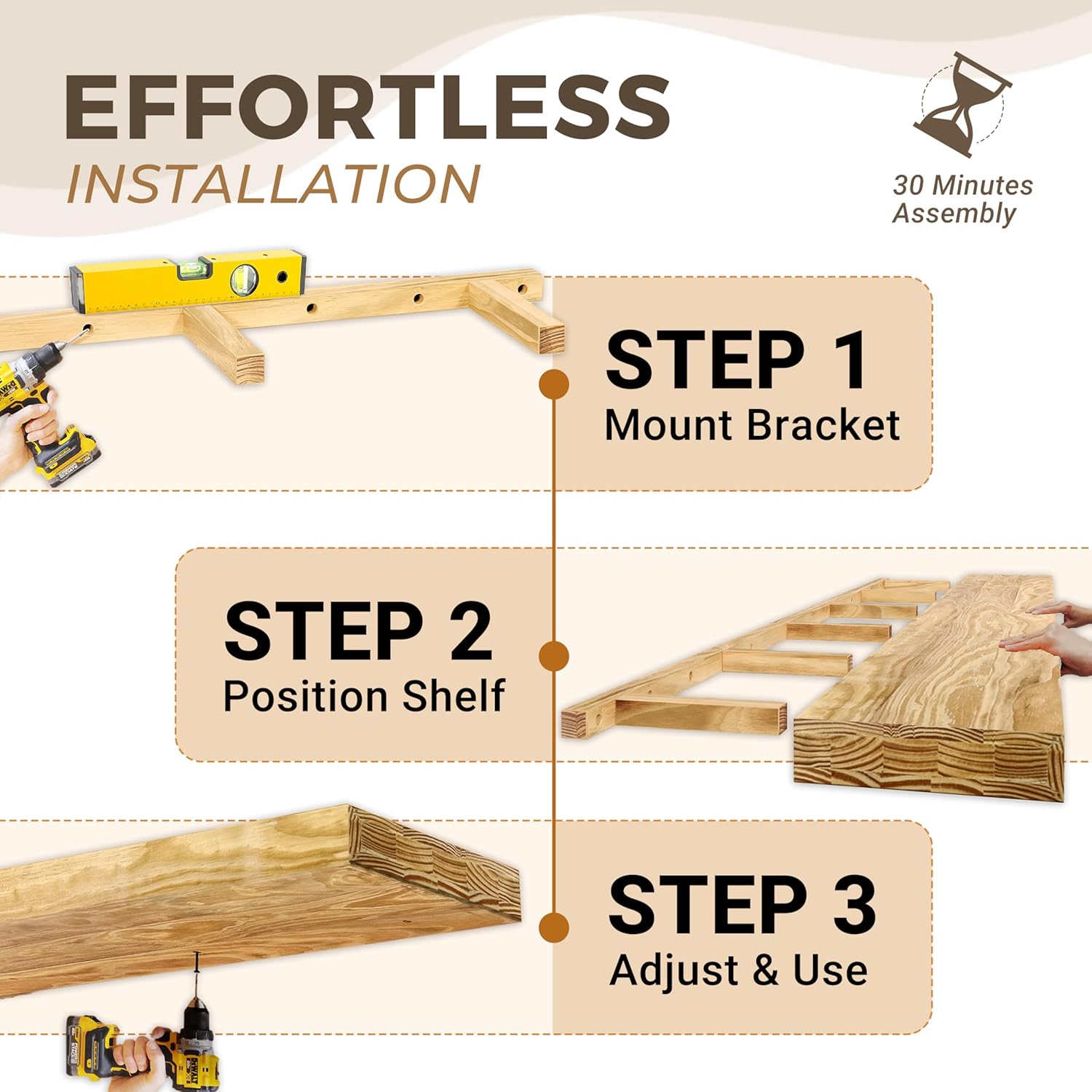 Howizz 60 Inch Pine Wood Floating Shelf for Wall