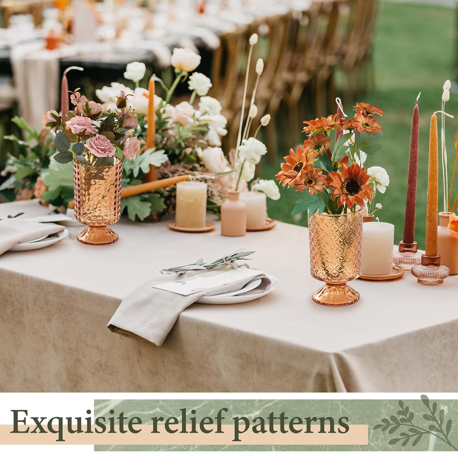 6 Pack Amber Embossed Glass Vases for Flowers