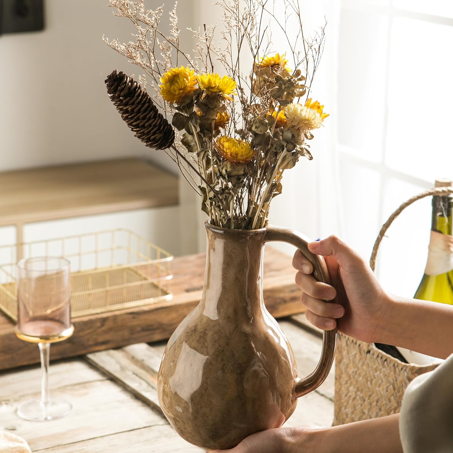 Brown Ceramic Vase with Big Handles Modern Farmhouse Decor
