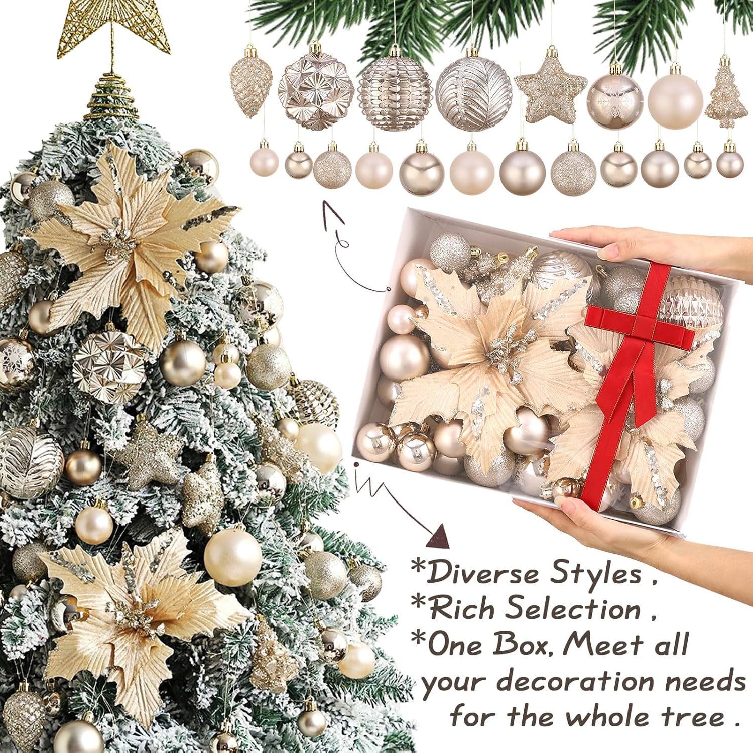 54Pcs Assorted Champagne Gold Xmas Tree Balls Ornaments Set
