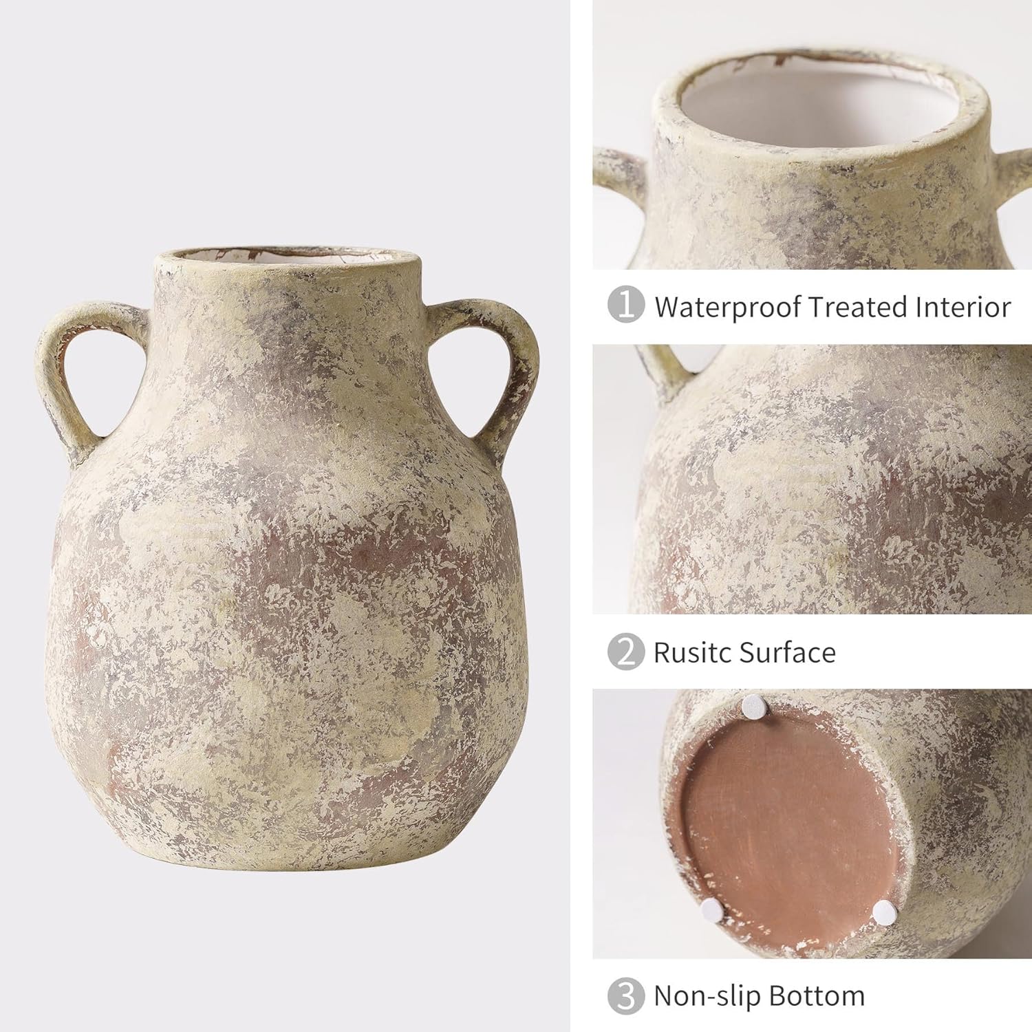 Rustic Ceramic Farmhouse Flower Vase with 2 Handles