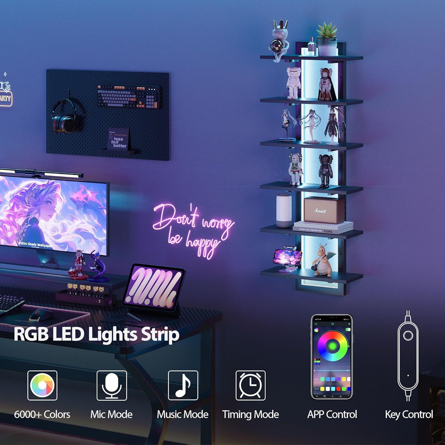 6 Tier Wall Shelf with LED Light Black Floating Shelf Unit for Home Decor and Storage