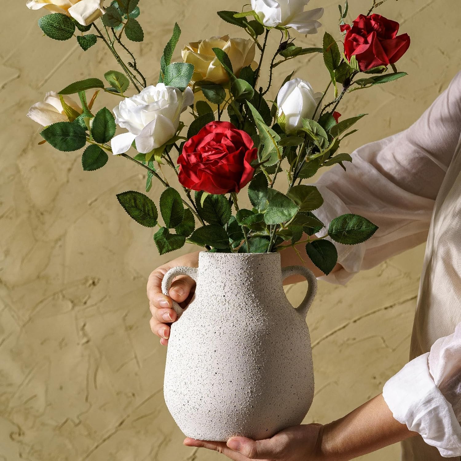 Vintage Farmhouse Flower Ceramic Vase with Handles