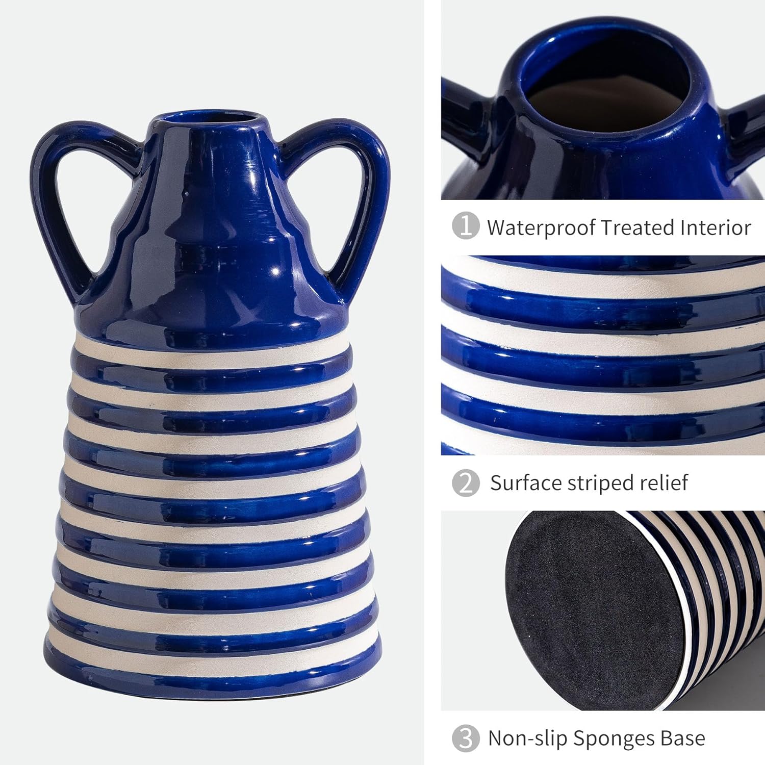 Ceramic Blue and White Striped Vase with Handles
