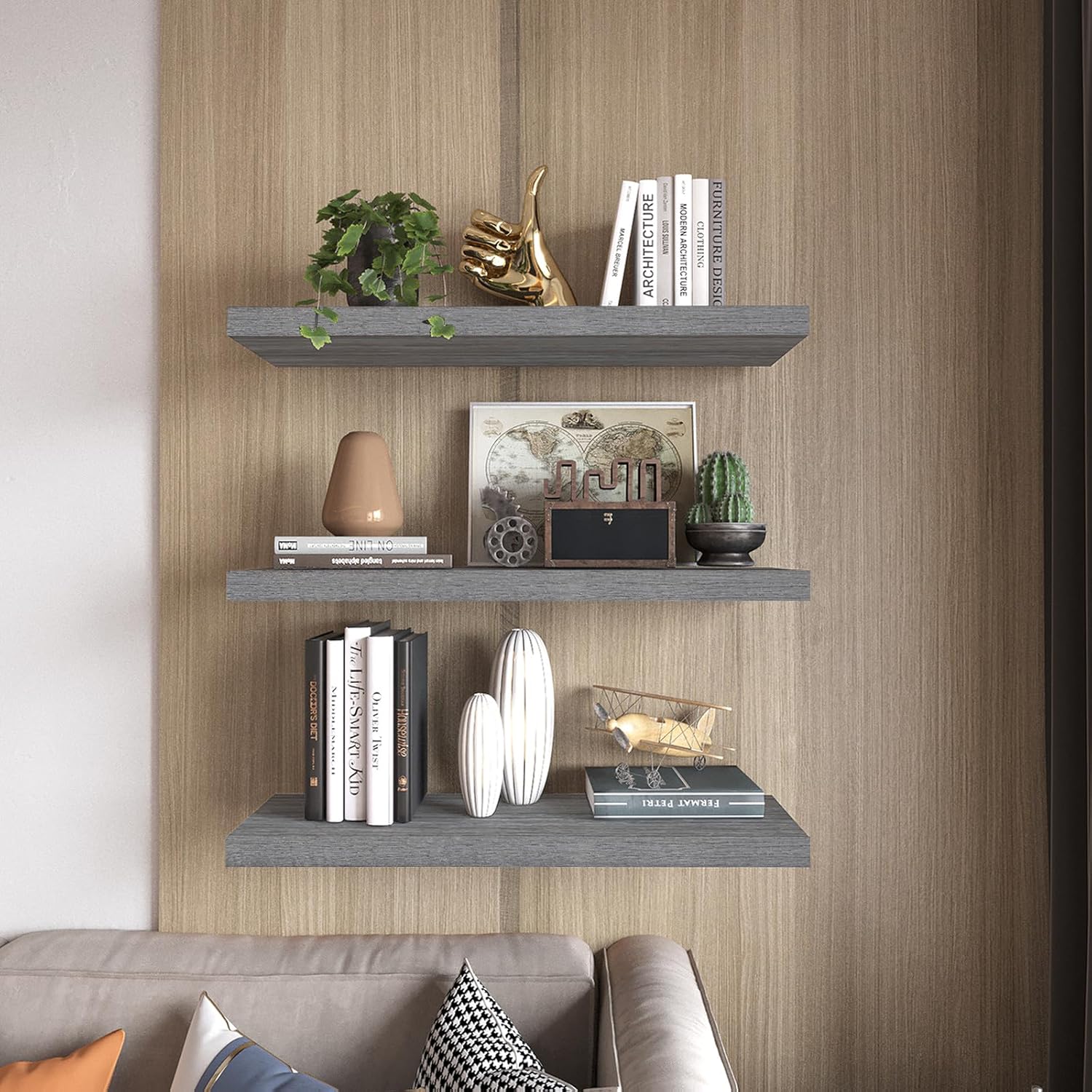 Rustic Grey Floating Shelves 24 Inch Set of 3 Solid Wood Wall Mounted Storage