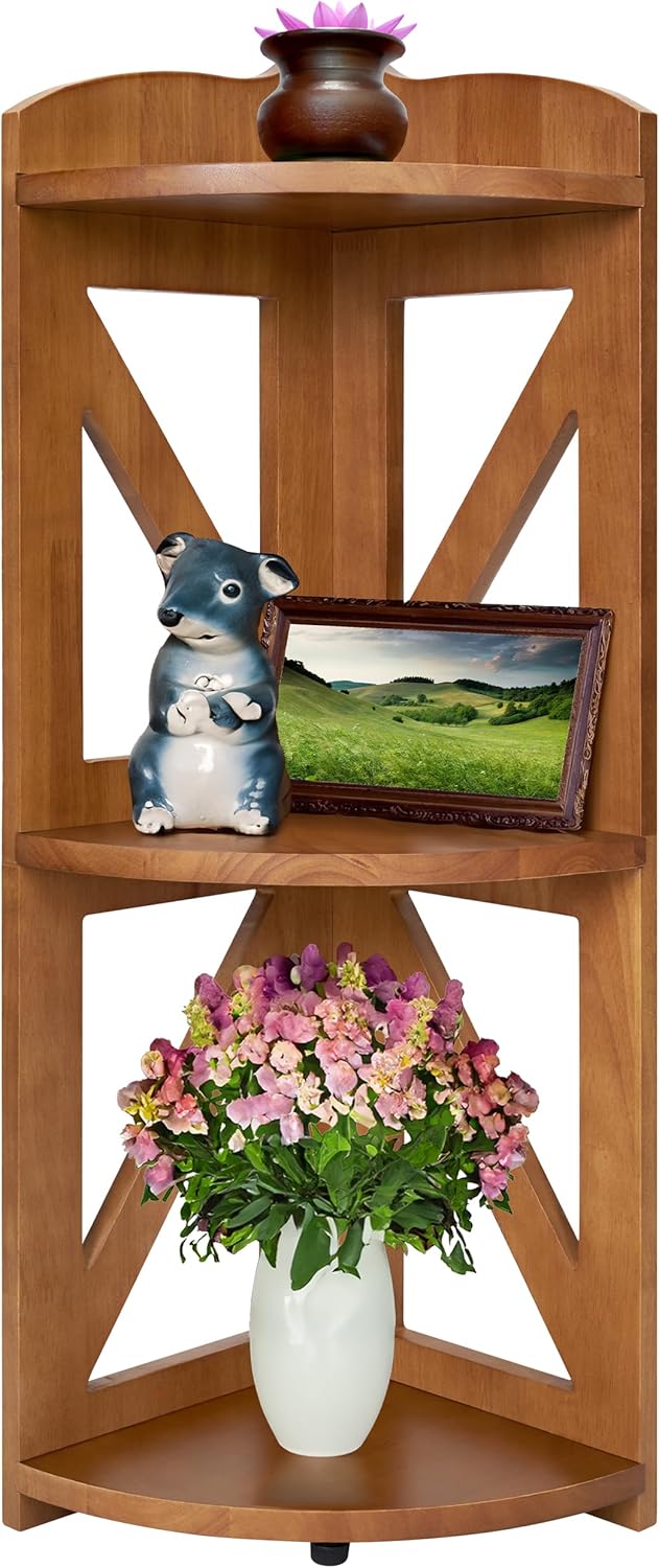 YCICI Corner Shelf Stand 3 Tier Natural Wood Brown