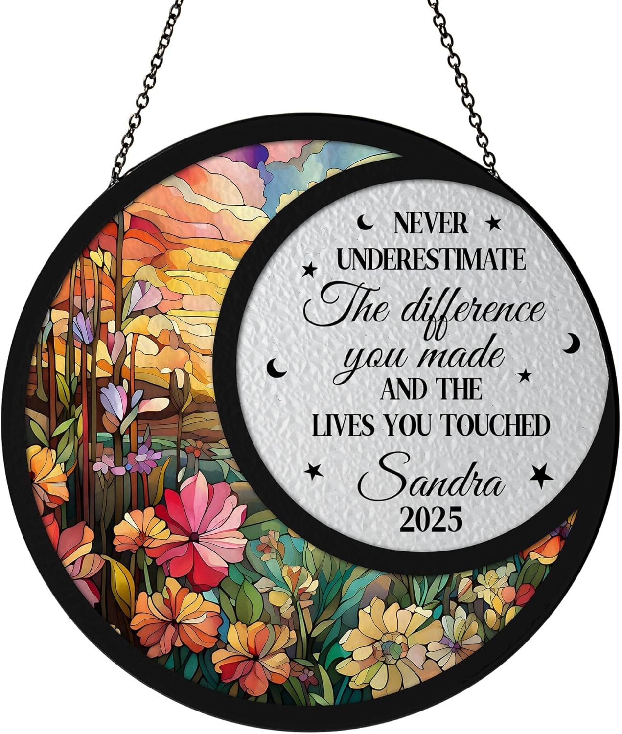 Personalized Retirement Sun Catcher with Name and Floral Design