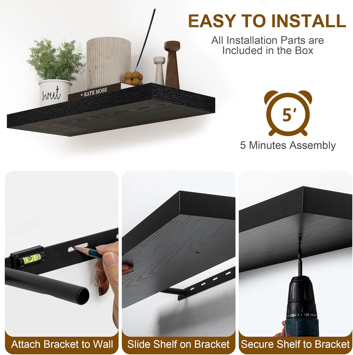 Fun Memories Black Floating Shelves 8 Inch Deep Set of 2