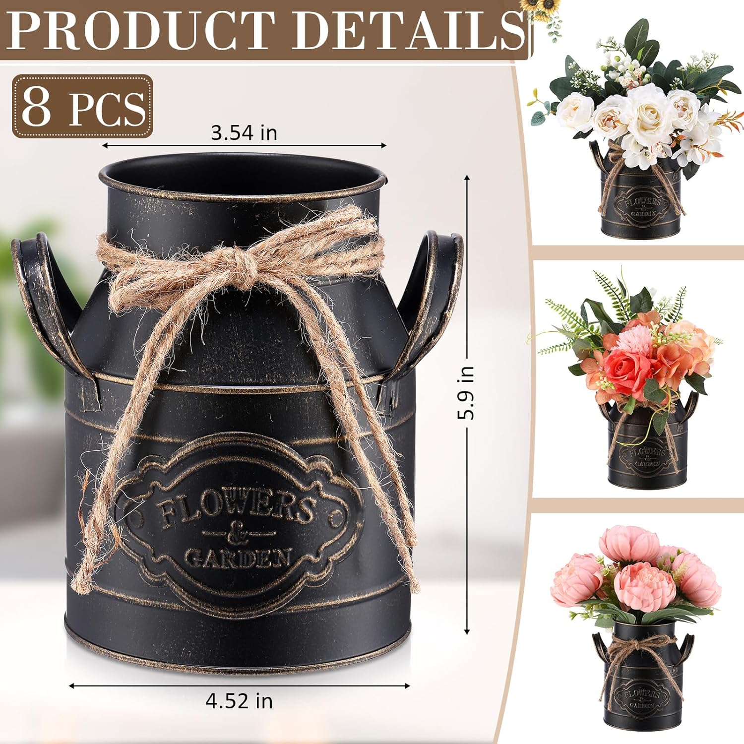 Roshtia 6 Inch Galvanized Metal Vase with Handle Black 8 Pcs