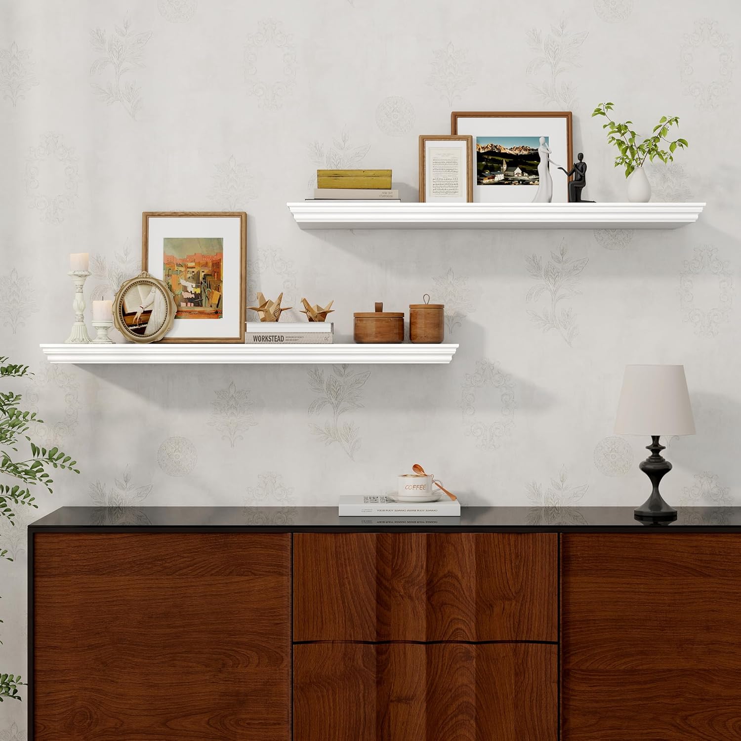 Axeman 36 Inch Floating Shelves with Crown Molding White Set of 2