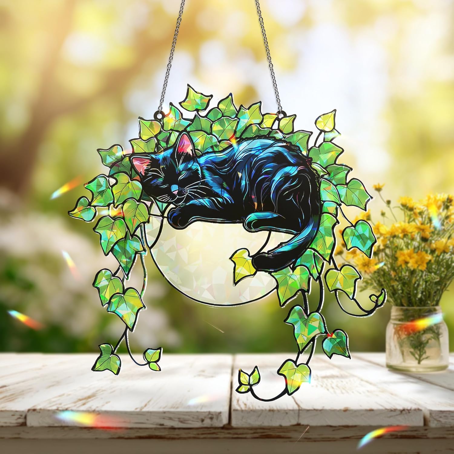 Whimsical Black Cat Stained Glass Suncatcher