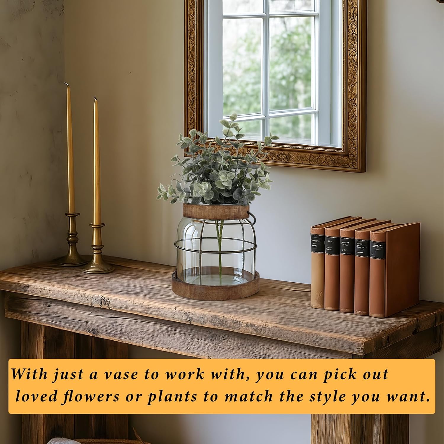 Vintage Glass Vase with Wood Frame and Metal Handle