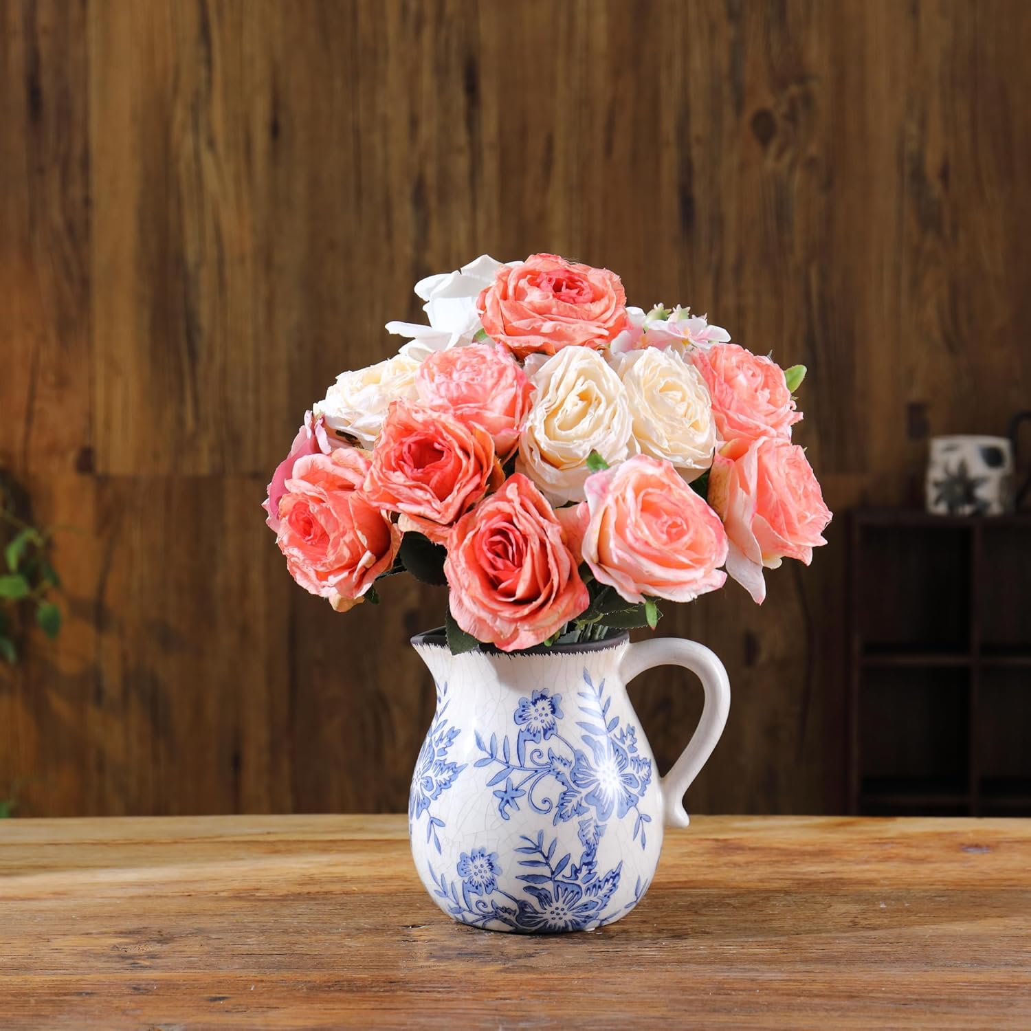 Vintage Flower Vase with Handle Blue and White Ceramic