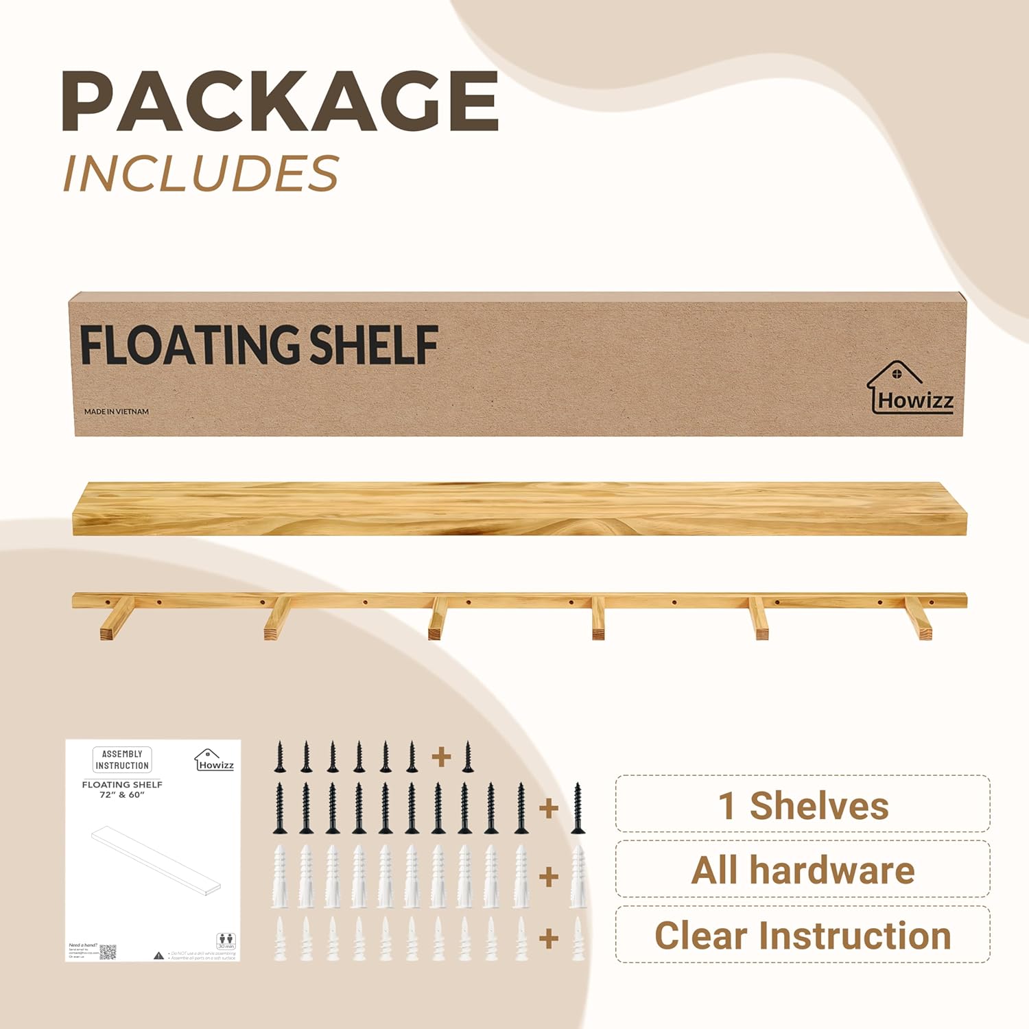 Howizz 60 Inch Pine Wood Floating Shelf for Wall