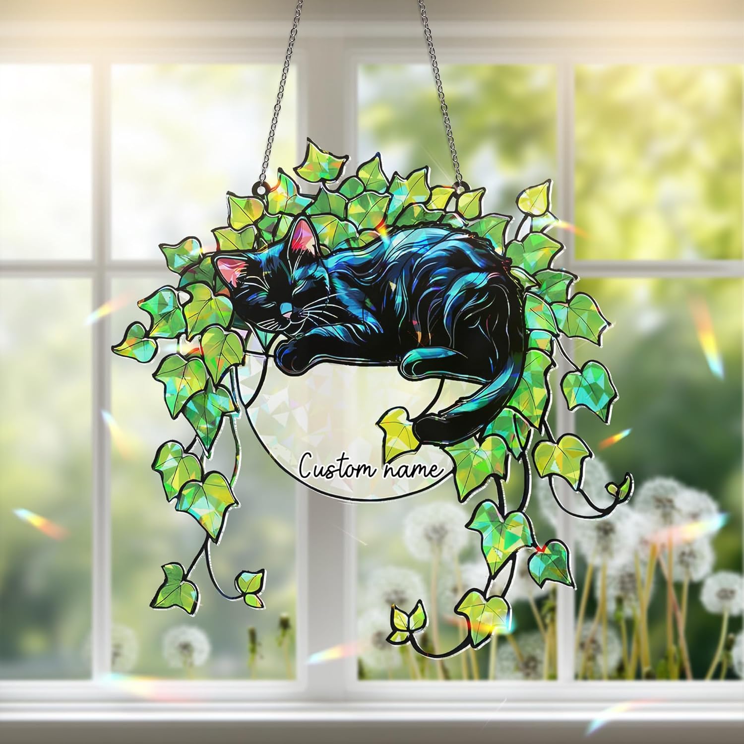Whimsical Black Cat Stained Glass Suncatcher