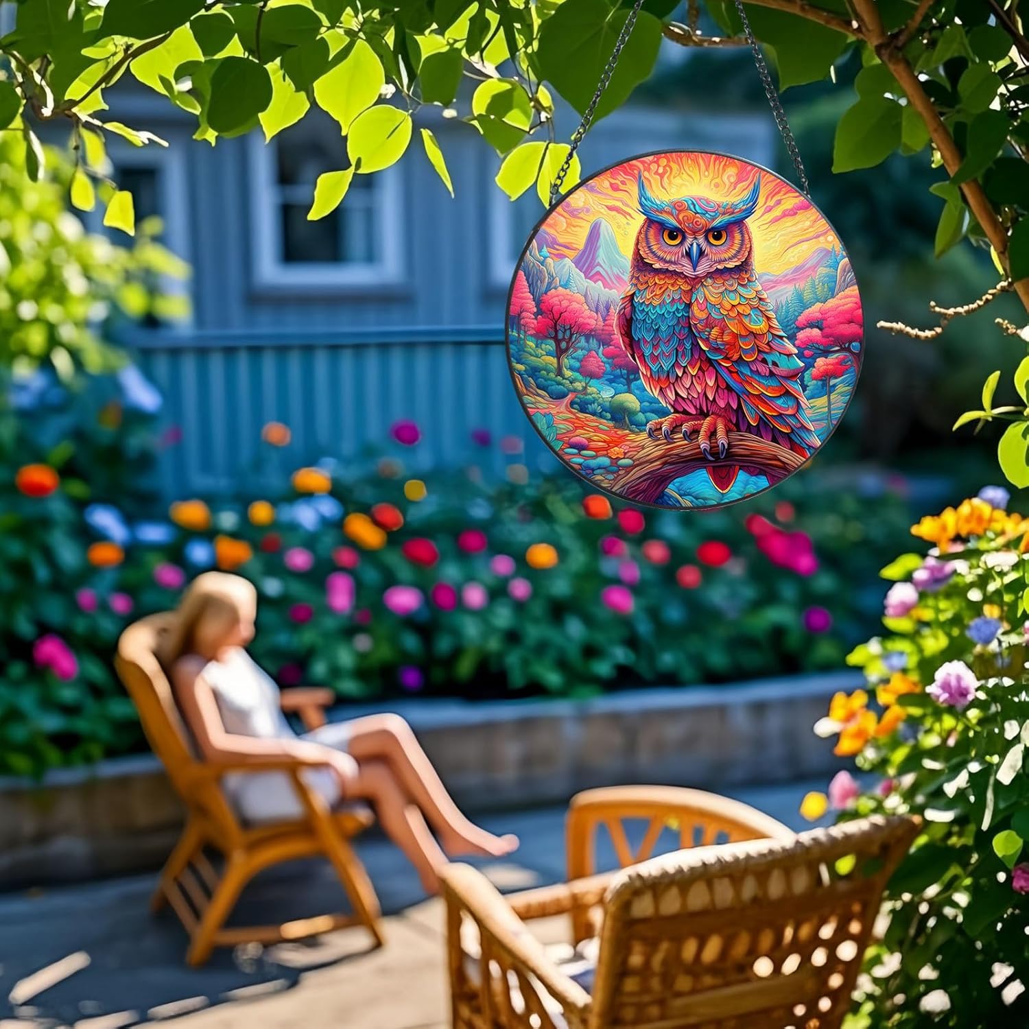 Stained Glass Window Hanging Owl Suncatcher Decor