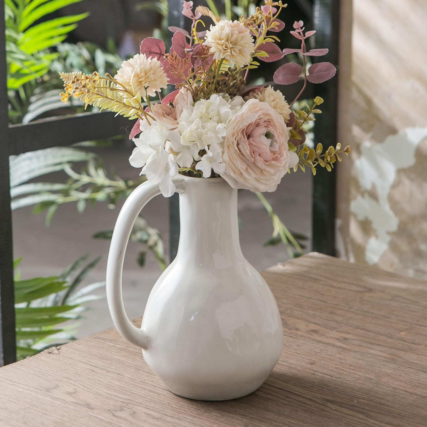 White Ceramic Vase with Big Handle and Rustic Design