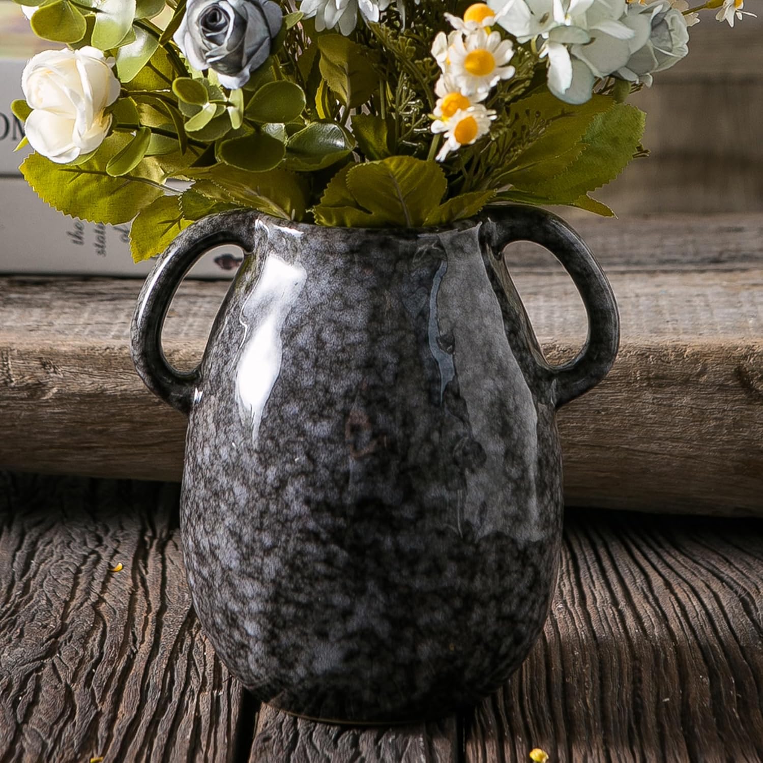 Black Ceramic Vase with 2 Handles 7 Inch Tall