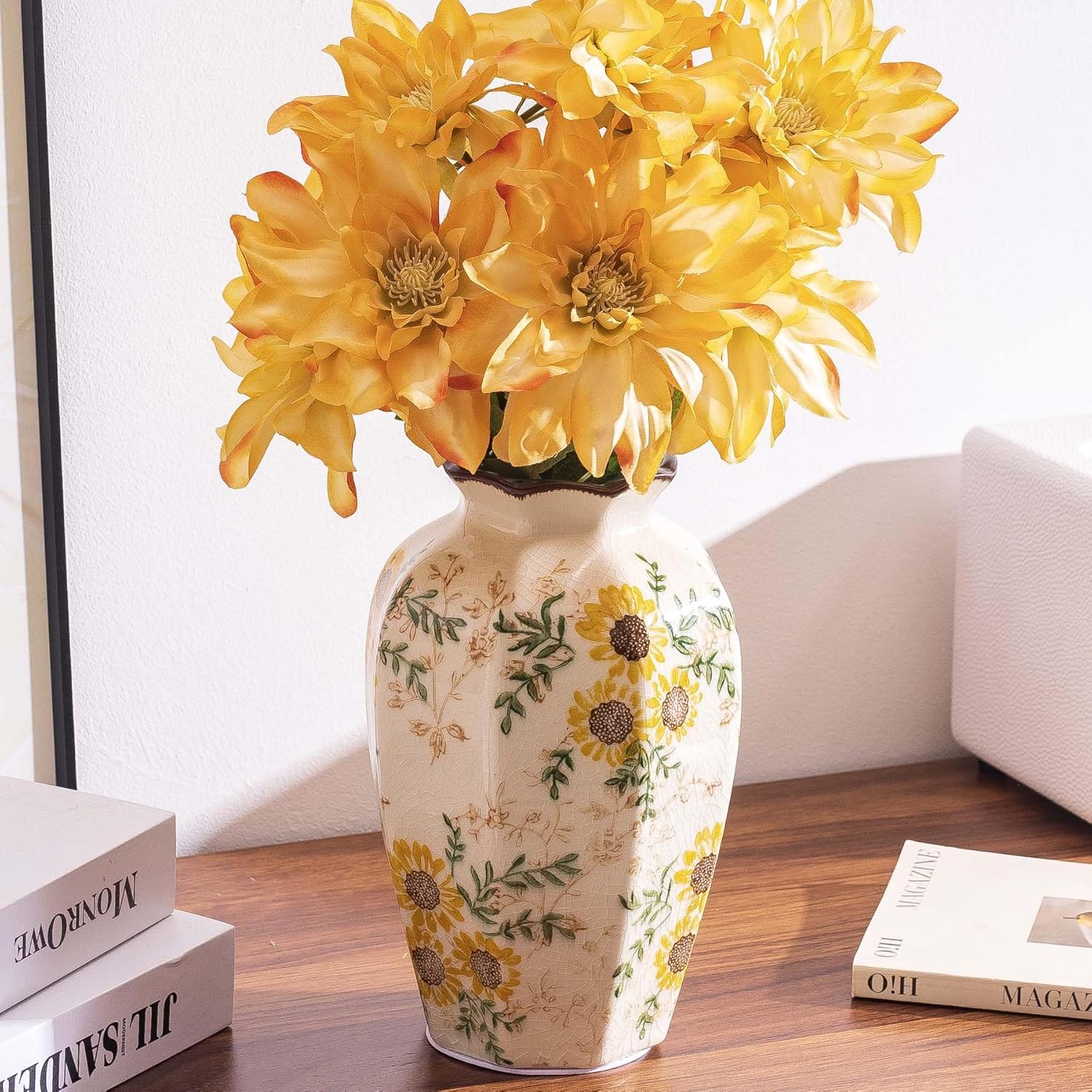 Hand-Painted Sunflower Vintage Ceramic Octagonal Vase 91 in