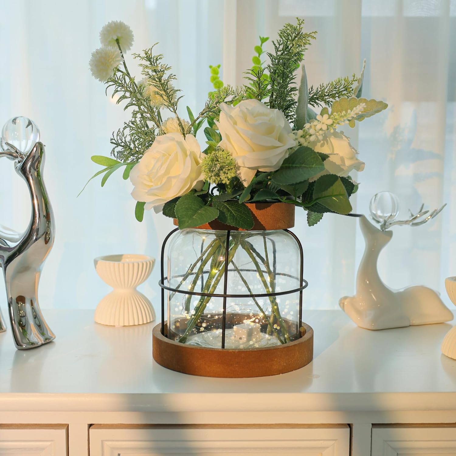 Farmhouse Vase with Artificial Flowers and Fairy Lights