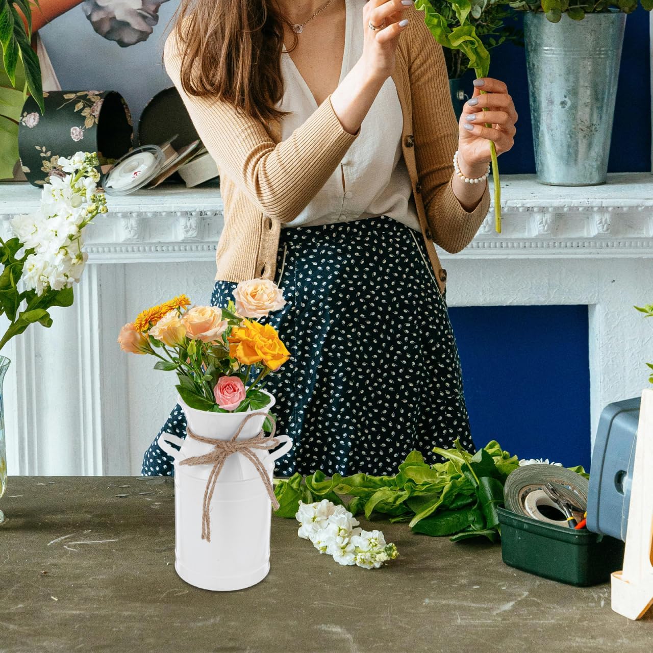 BESPORTBLE Vintage Galvanized Milk Can Jug Vase Rustic Flower Bucket Decor White