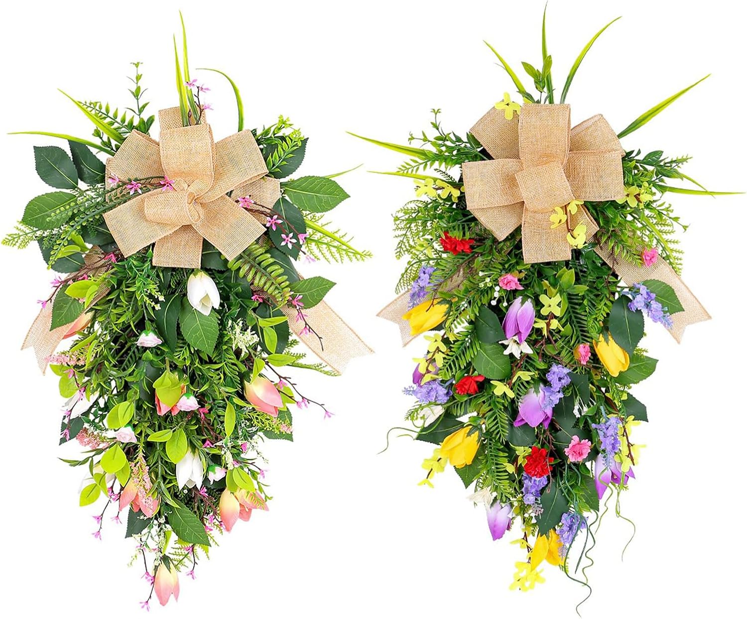 Spring Flower Wreath for Front Door Teardrop Swag with Artificial Tulips