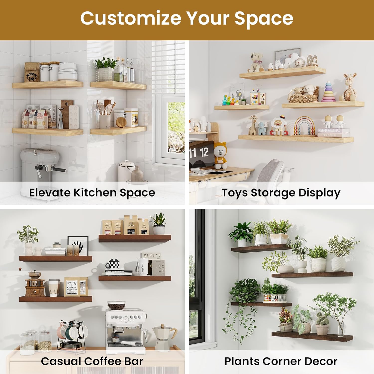 RICHFOCUS Rustic Wooden Floating Shelves Set of 2