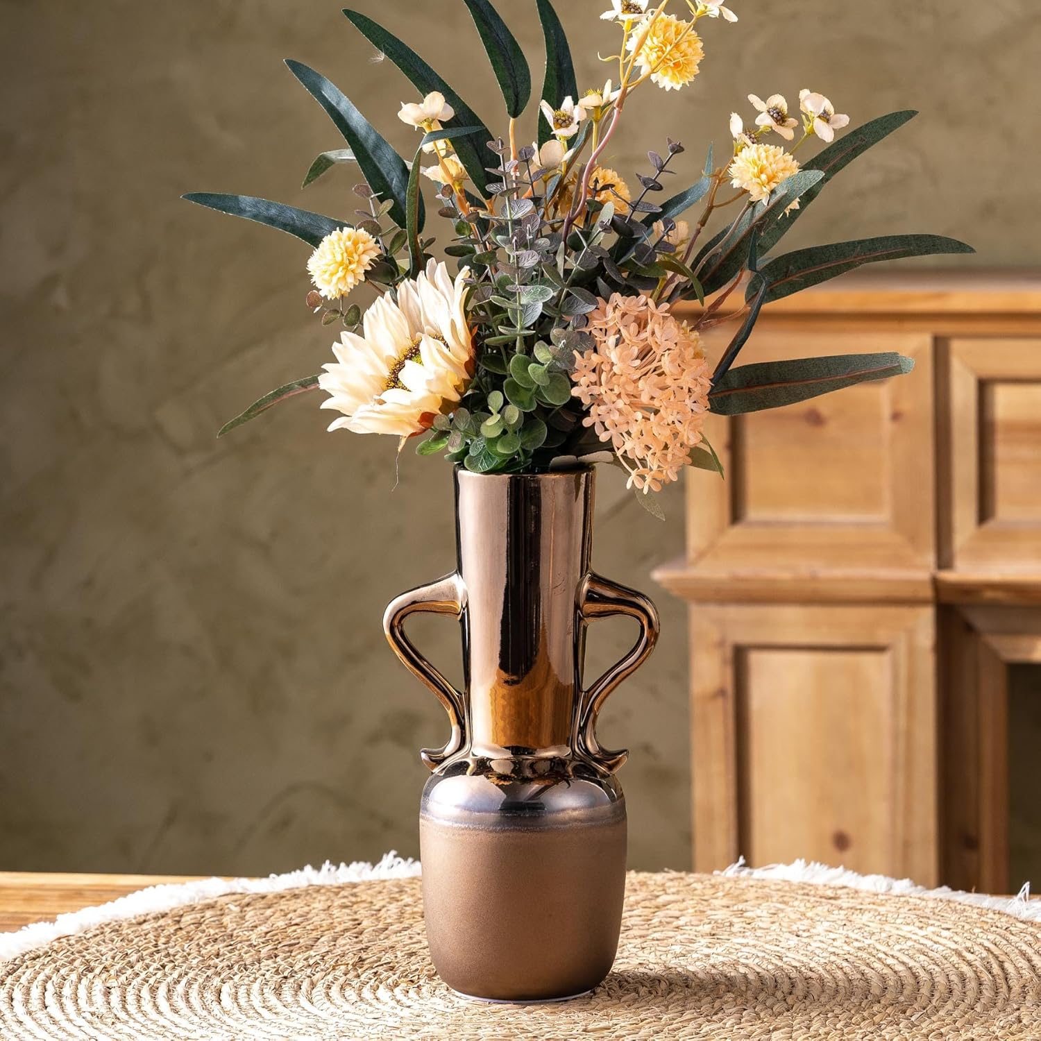 Gold Ceramic Vase with Handles 11 Inch